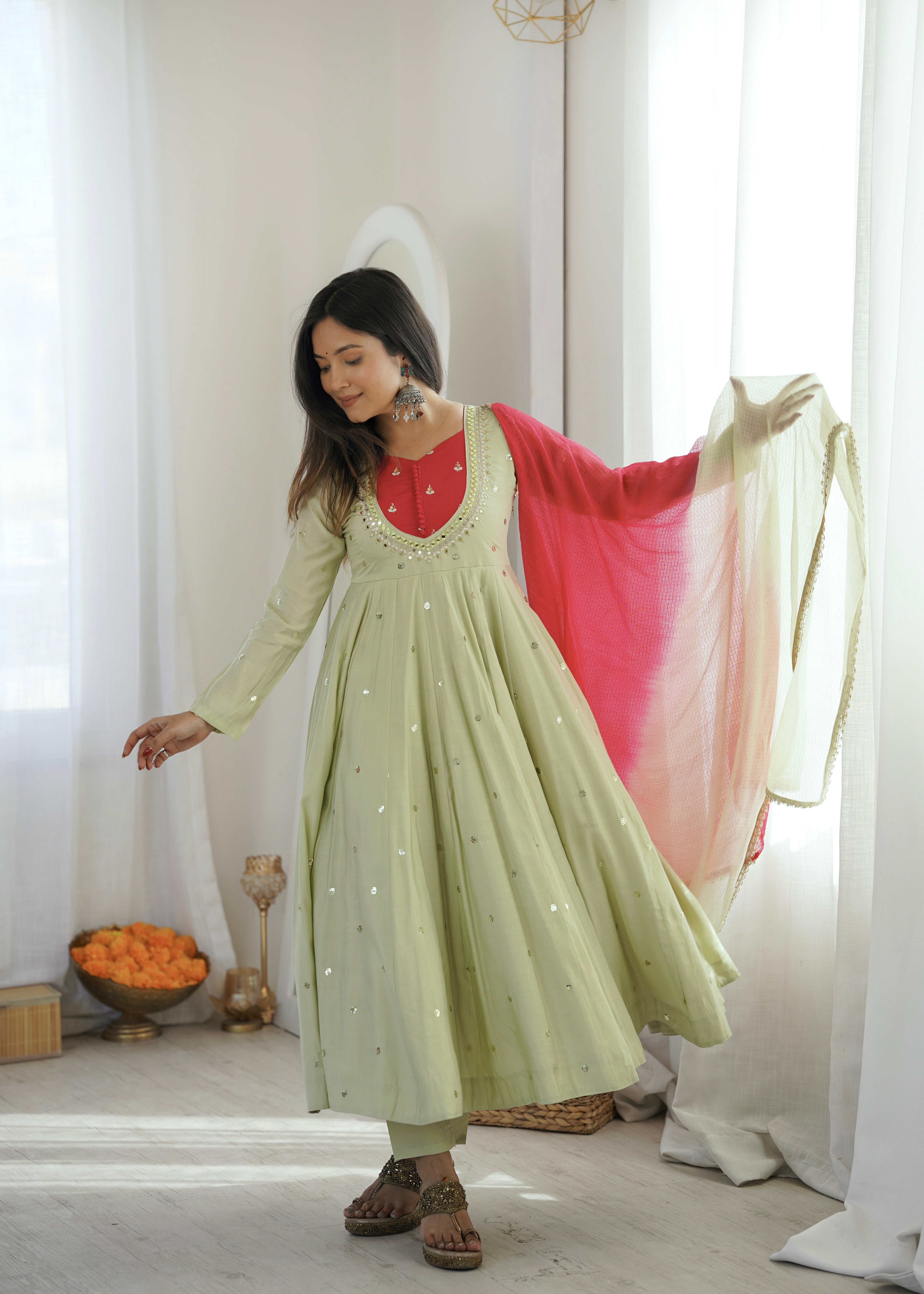 Sage Green Roman Silk Embroidered Anarkali Suit Set with Real Mirror Work & Pink Kota Checks Dupatta