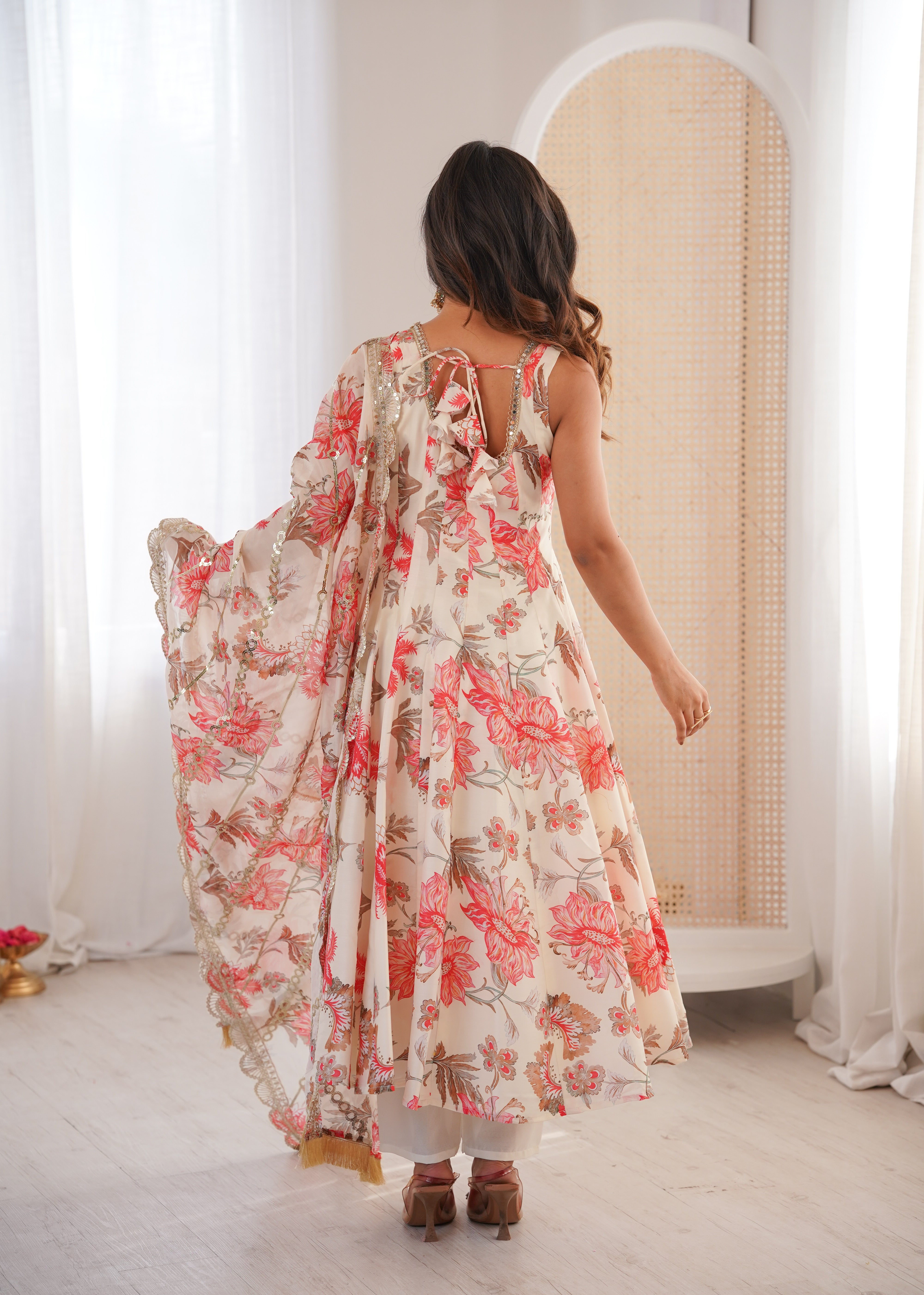 Floral Print Kali Cut Anarkali Suit with Organza Dupatta & Pant Set for Women