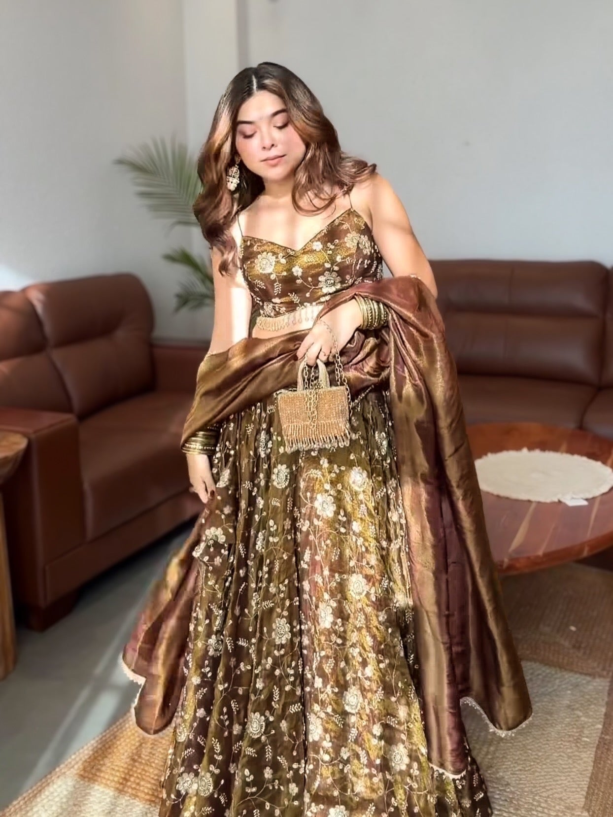 Coffee Brown Fandy Silk Embroidered Sequin Lehenga Choli Set with Dupatta
