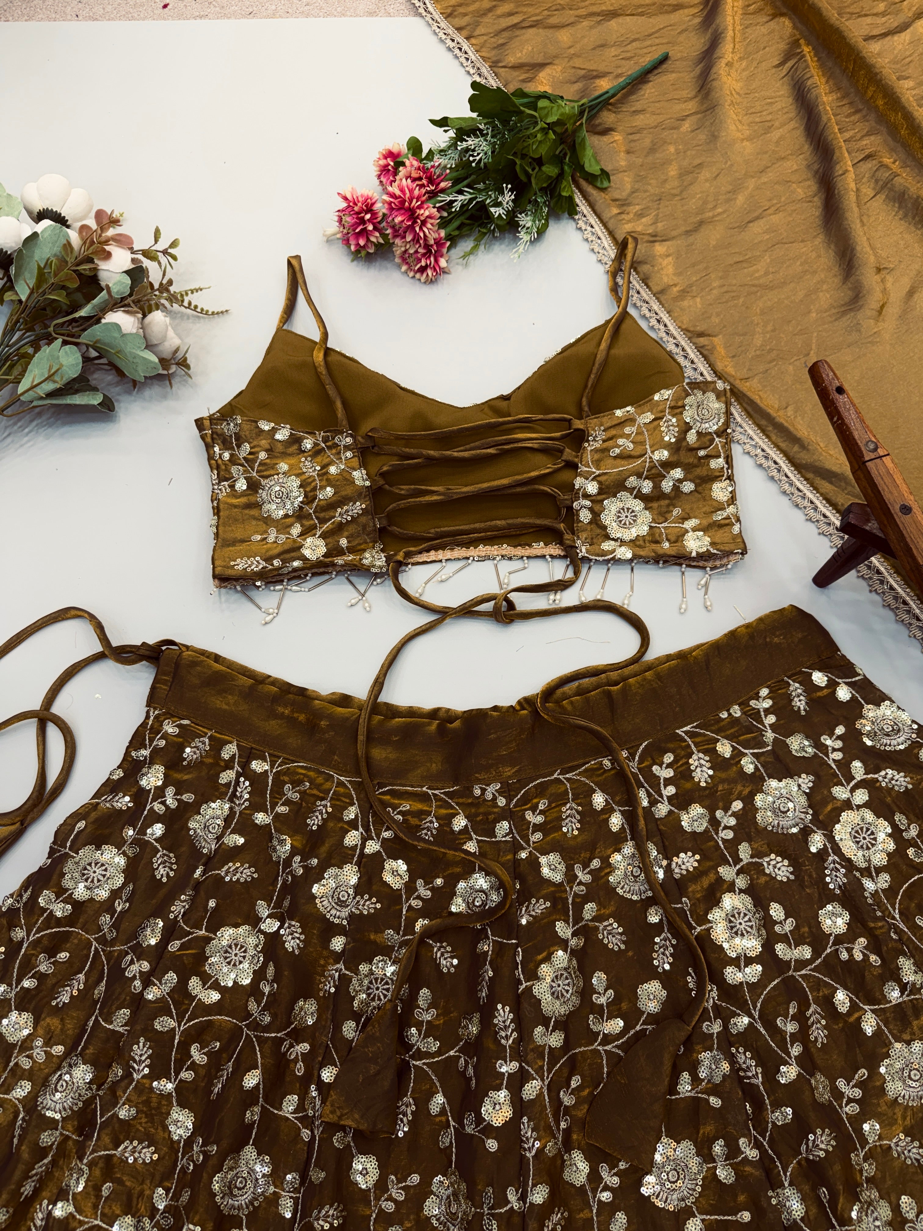Coffee Brown Fandy Silk Embroidered Sequin Lehenga Choli Set with Dupatta