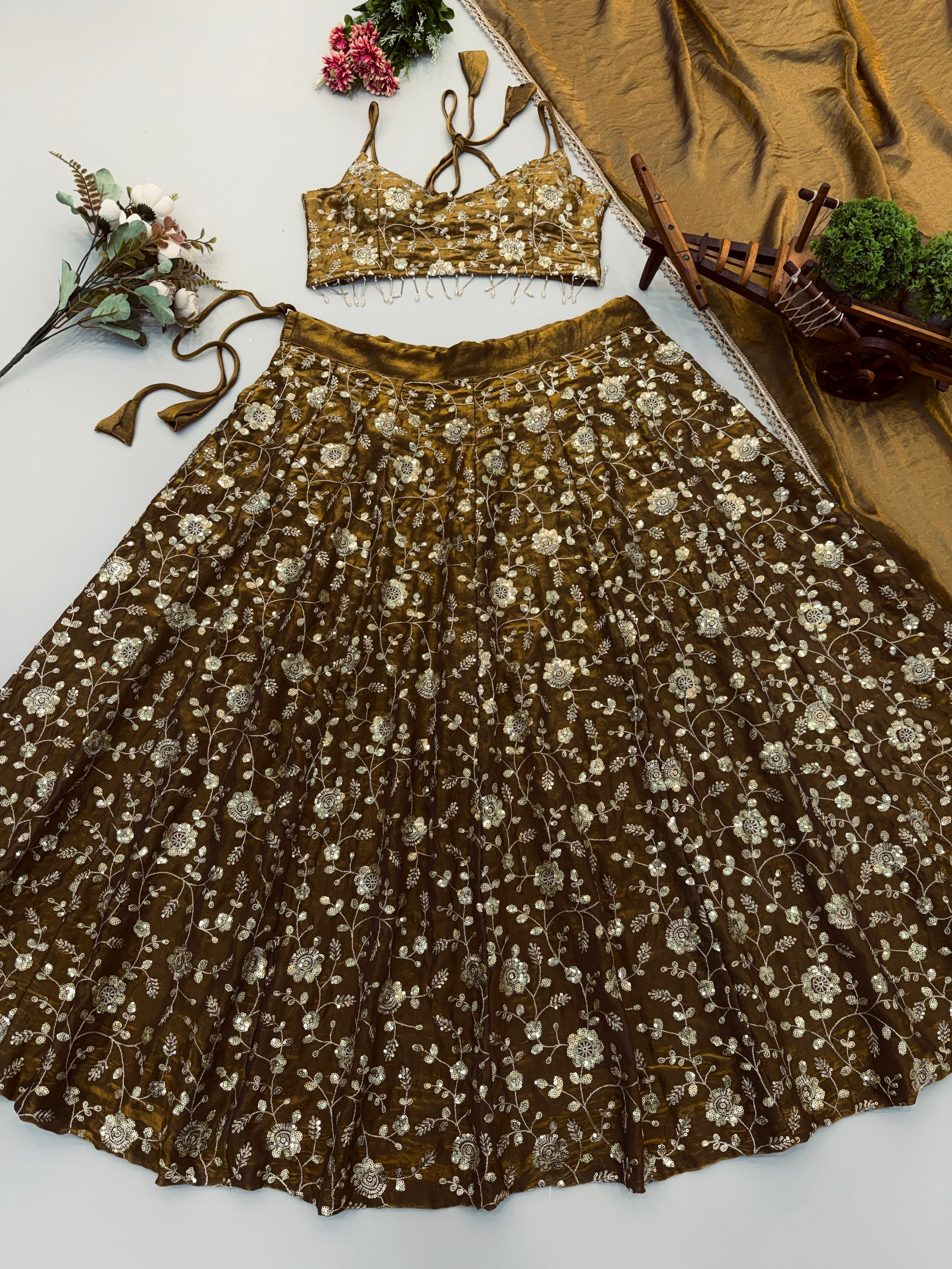 Coffee Brown Fandy Silk Embroidered Sequin Lehenga Choli Set with Dupatta