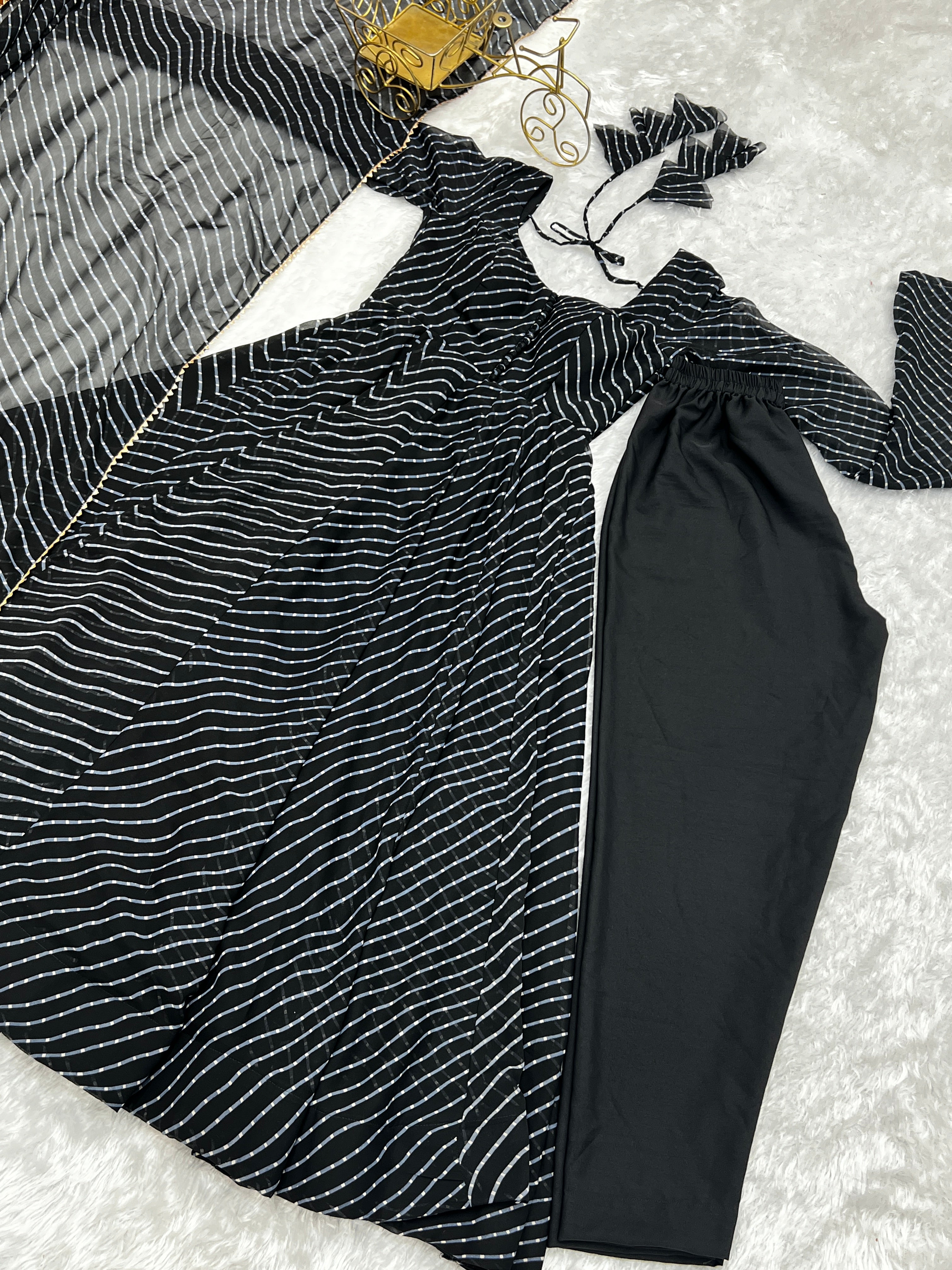 Black Laheriya Print Fox Georgette Anarkali Suit Set with Dupatta & Pant