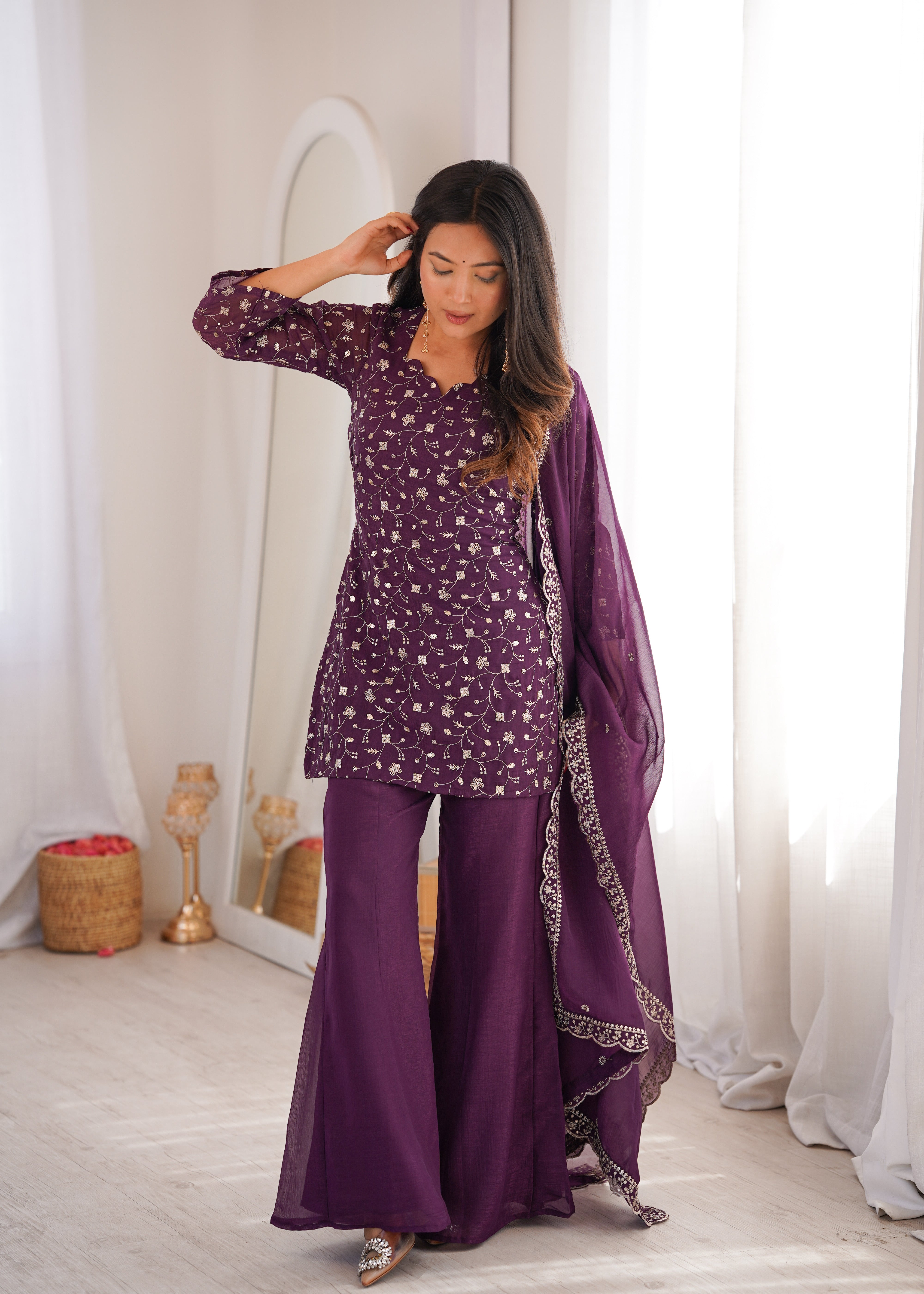 Women’s Wine Embroidered Kurta Set with Bell Bottom Pant & Dupatta | Partywear Ethnic Suit