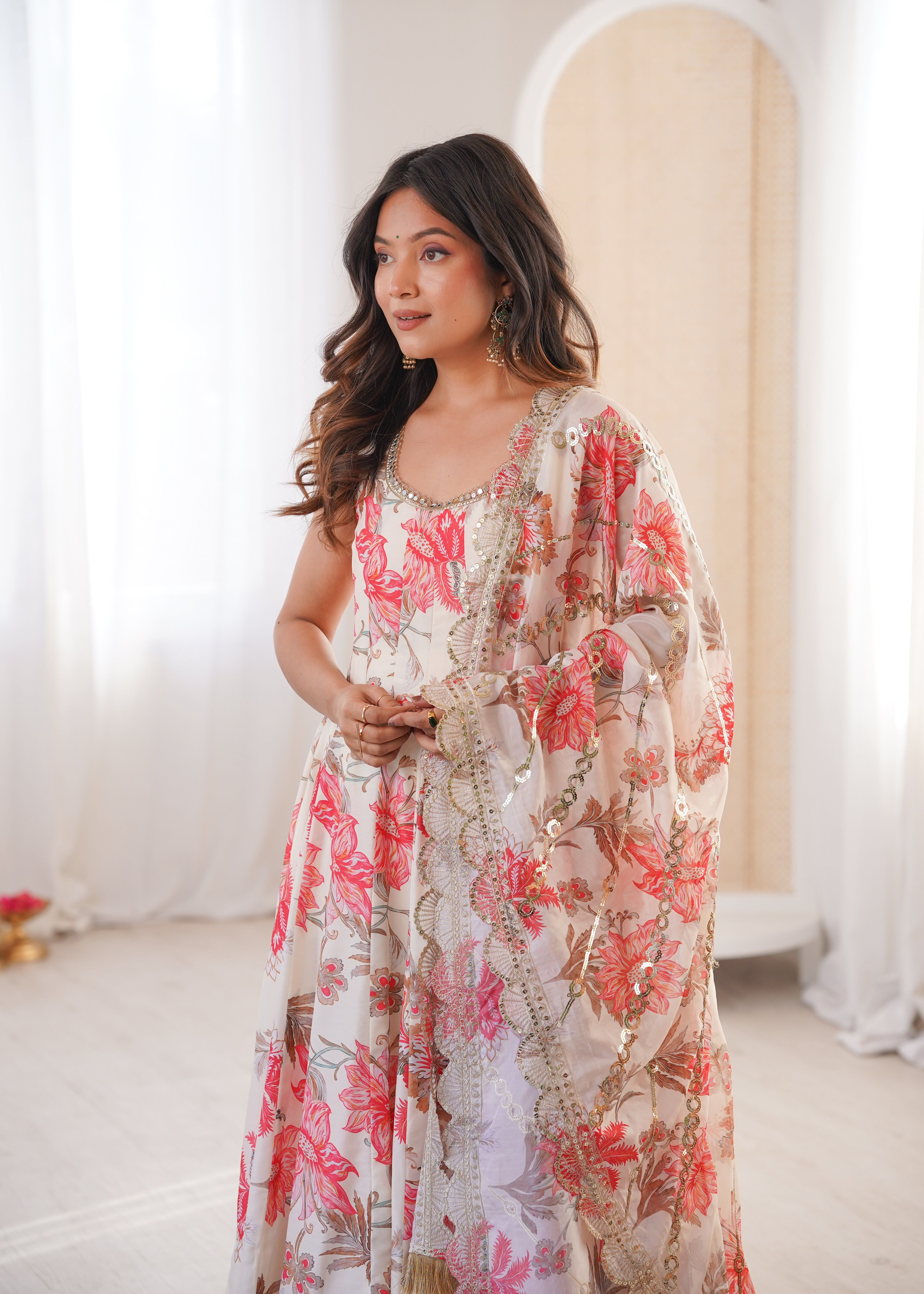 Floral Print Kali Cut Anarkali Suit with Organza Dupatta & Pant Set for Women