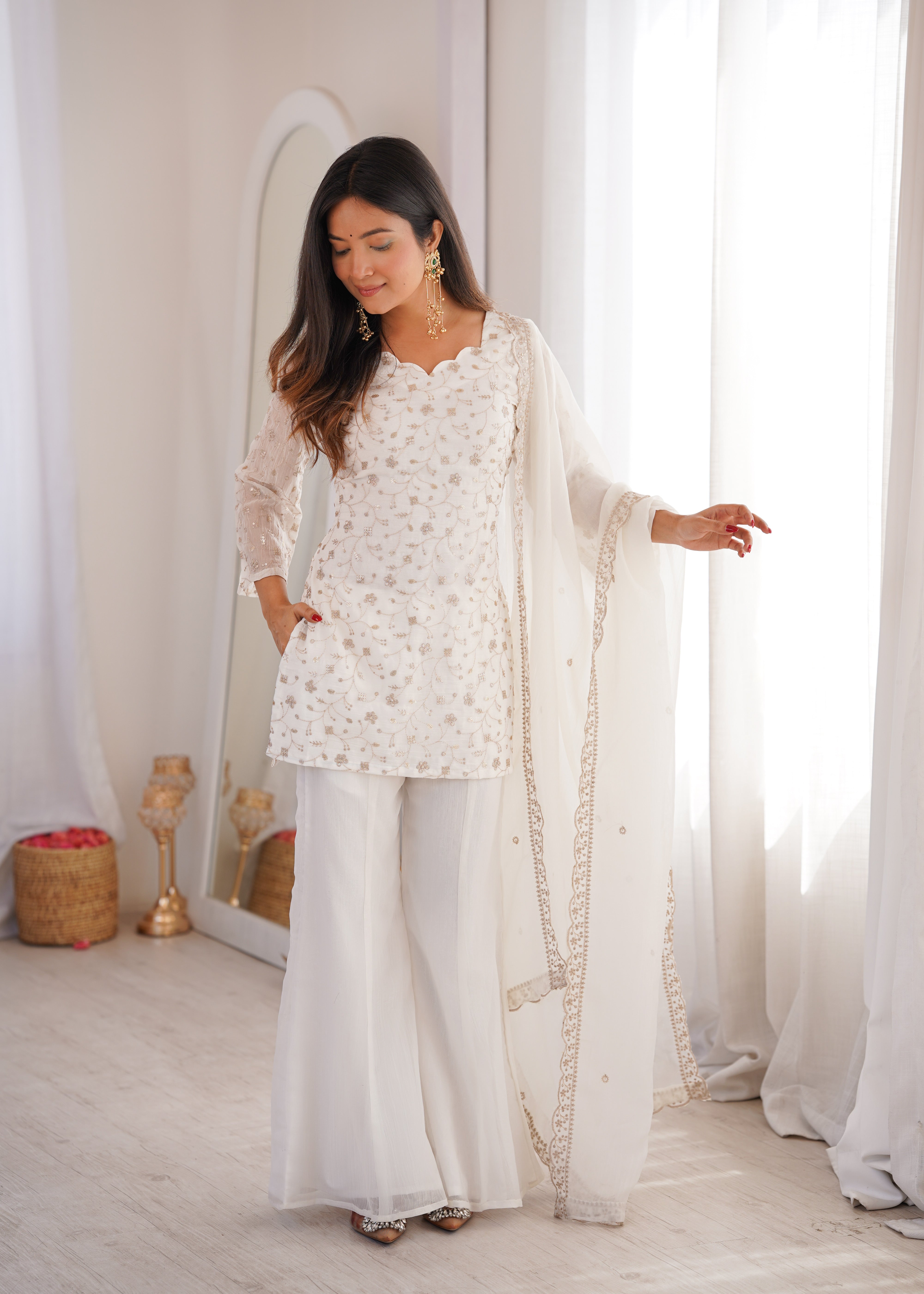 Women’s Off White Embroidered Kurta Set with Bell Bottom Pant & Dupatta | Partywear Ethnic Suit