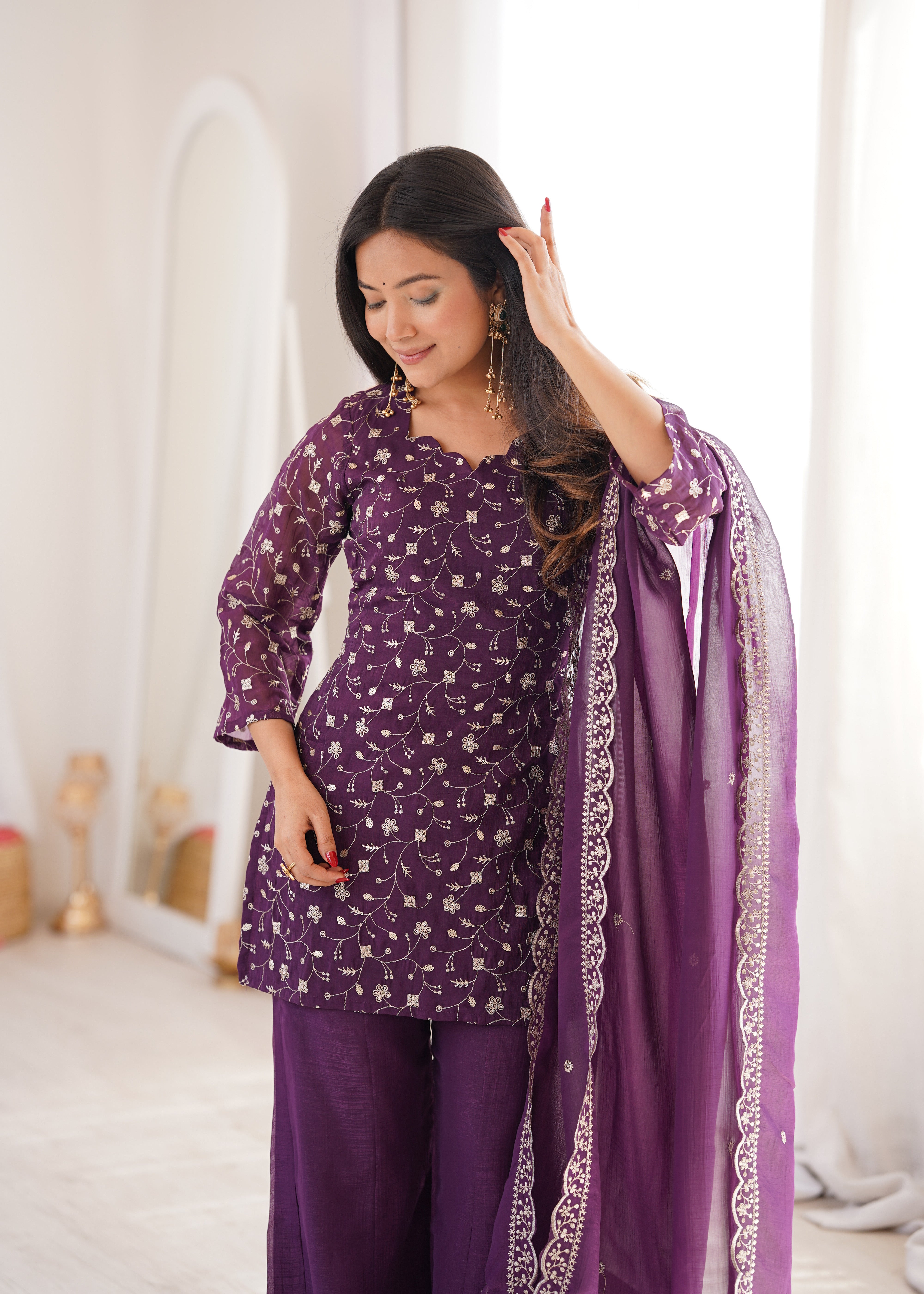 Women’s Wine Embroidered Kurta Set with Bell Bottom Pant & Dupatta | Partywear Ethnic Suit