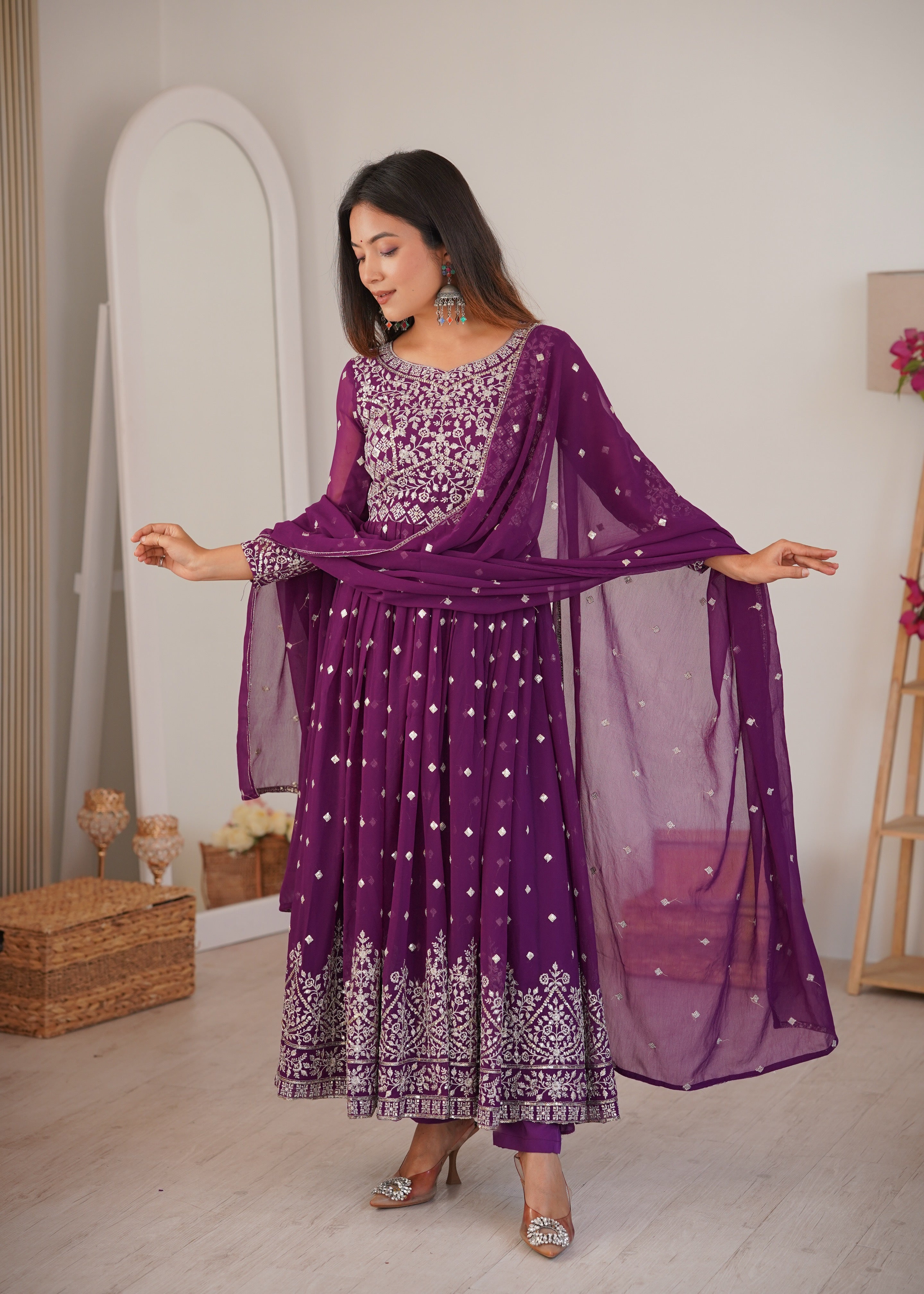 Wine Purple Designer Embroidered Anarkali Suit Set with Dupatta & Pant