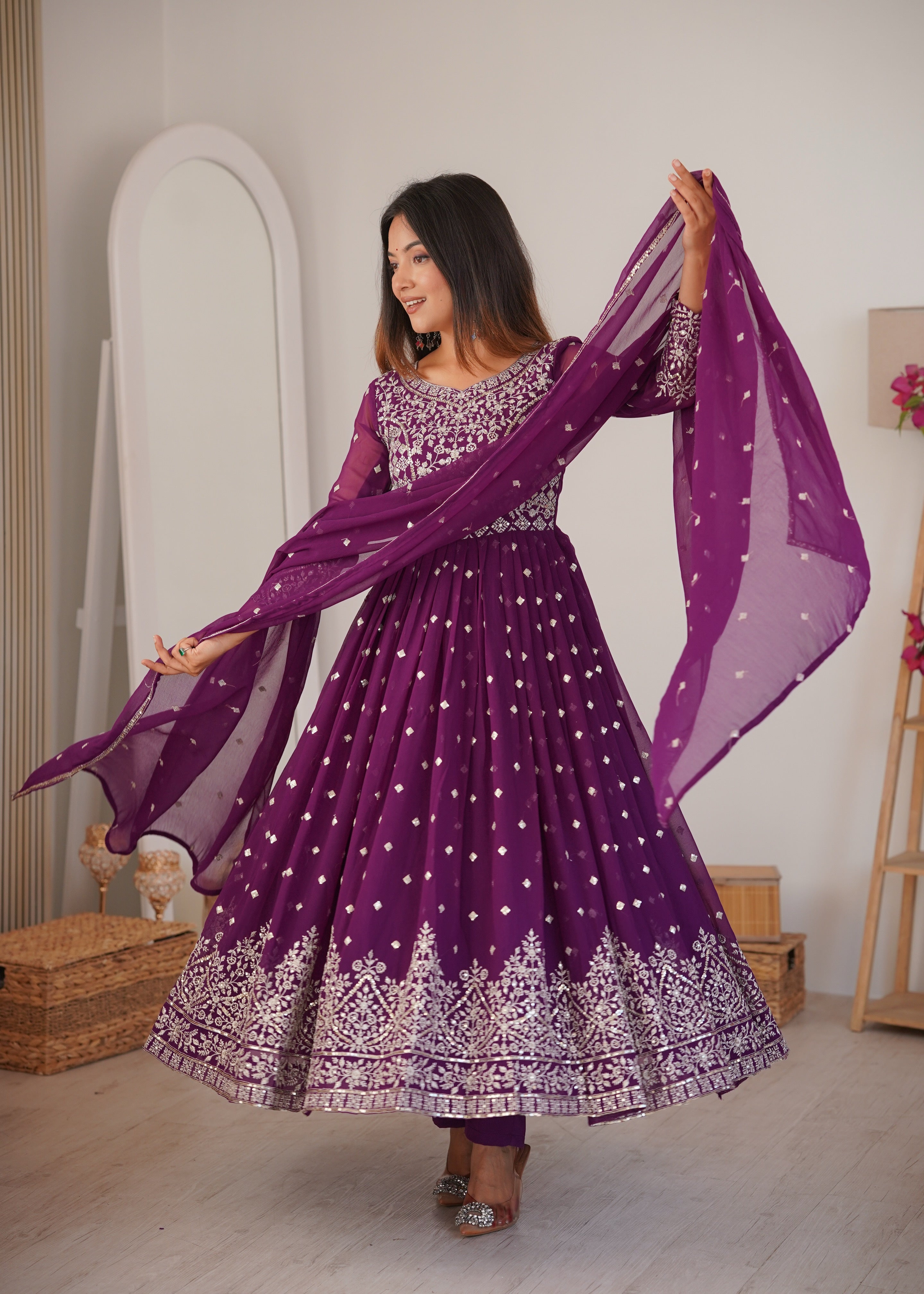 Wine Purple Designer Embroidered Anarkali Suit Set with Dupatta & Pant
