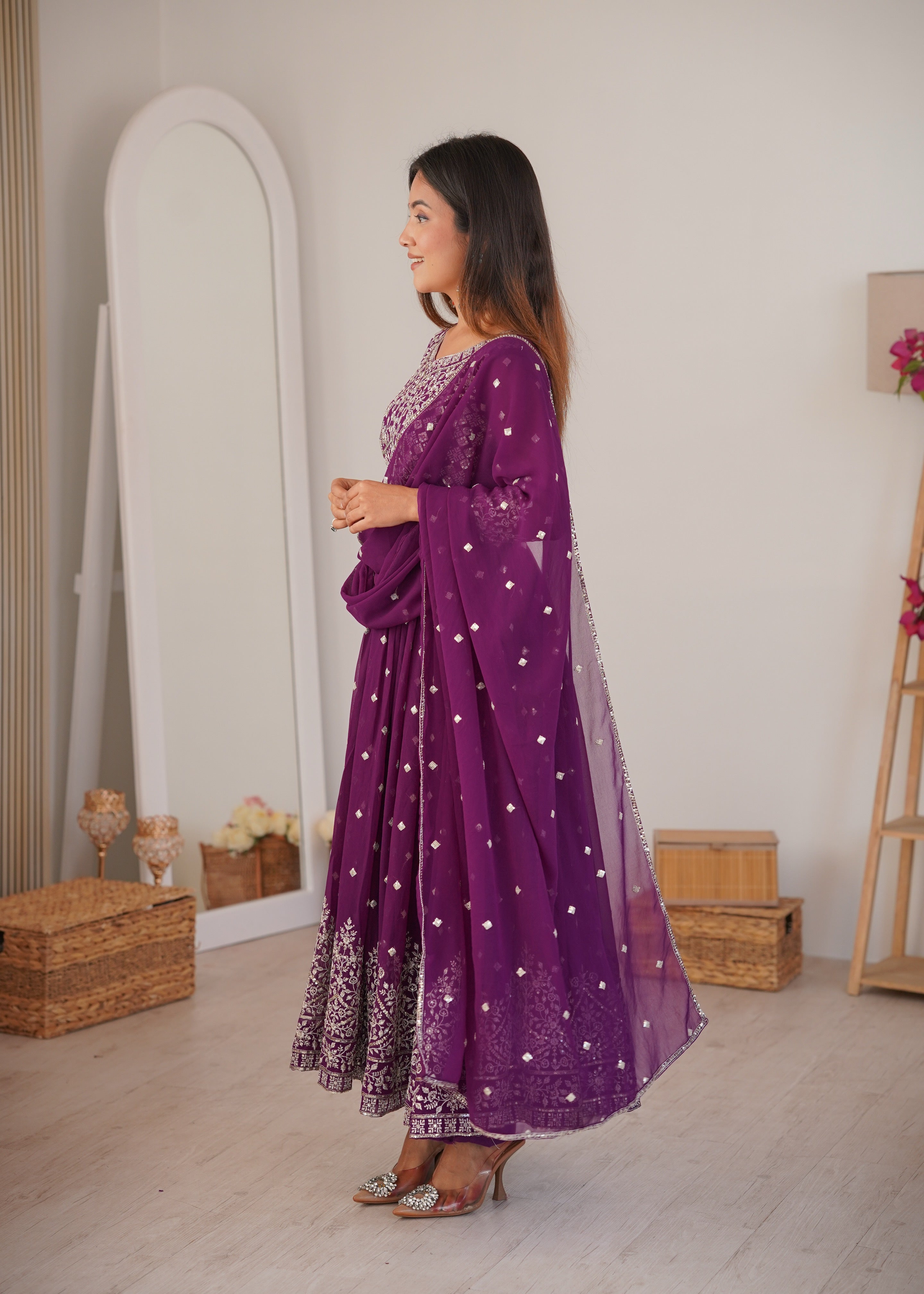 Wine Purple Designer Embroidered Anarkali Suit Set with Dupatta & Pant