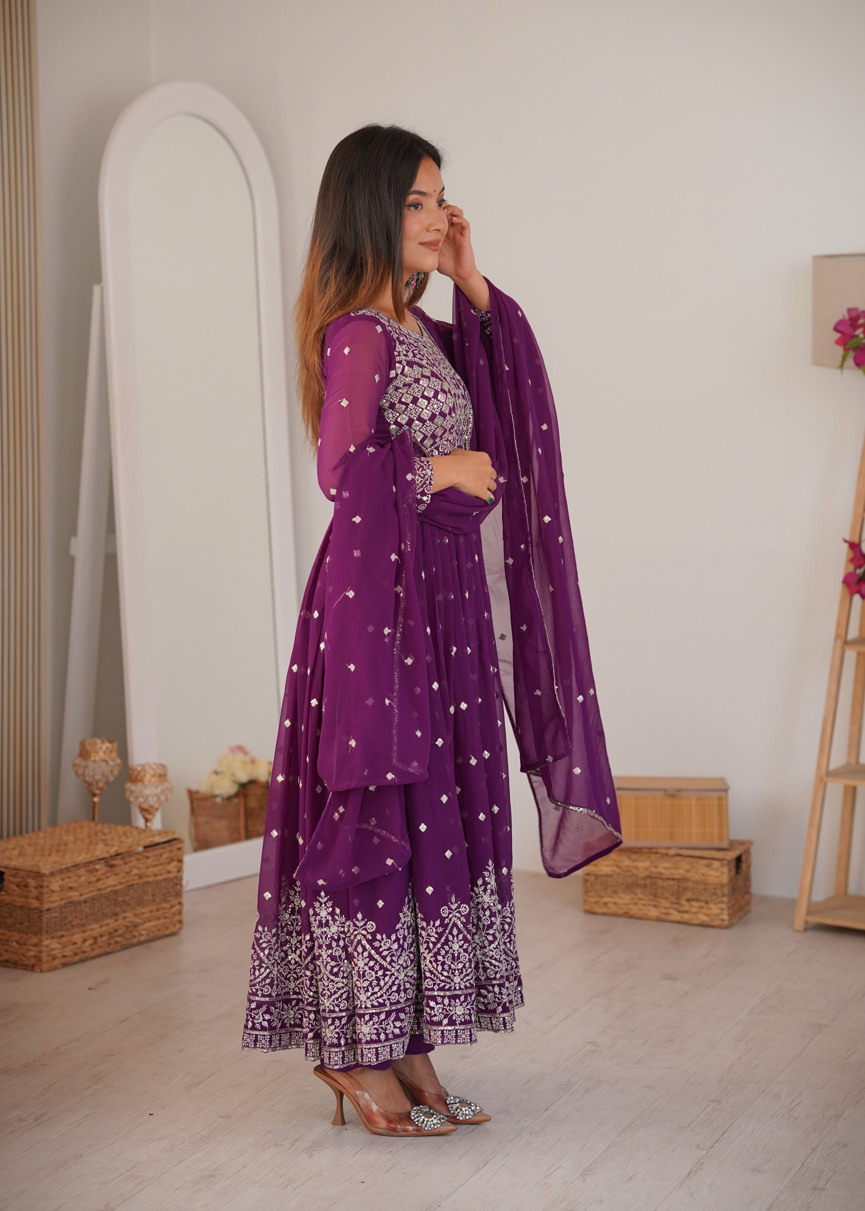 Wine Purple Designer Embroidered Anarkali Suit Set with Dupatta & Pant