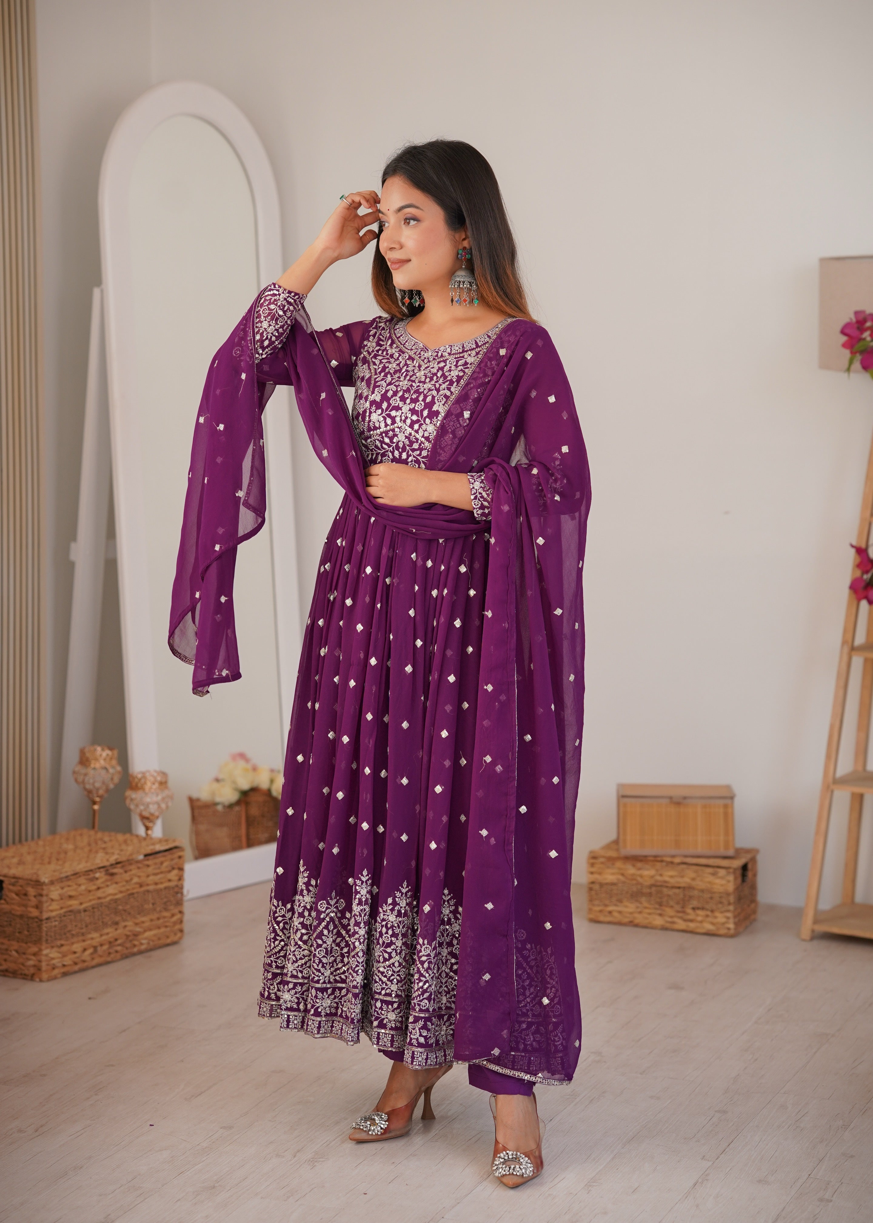 Wine Purple Designer Embroidered Anarkali Suit Set with Dupatta & Pant