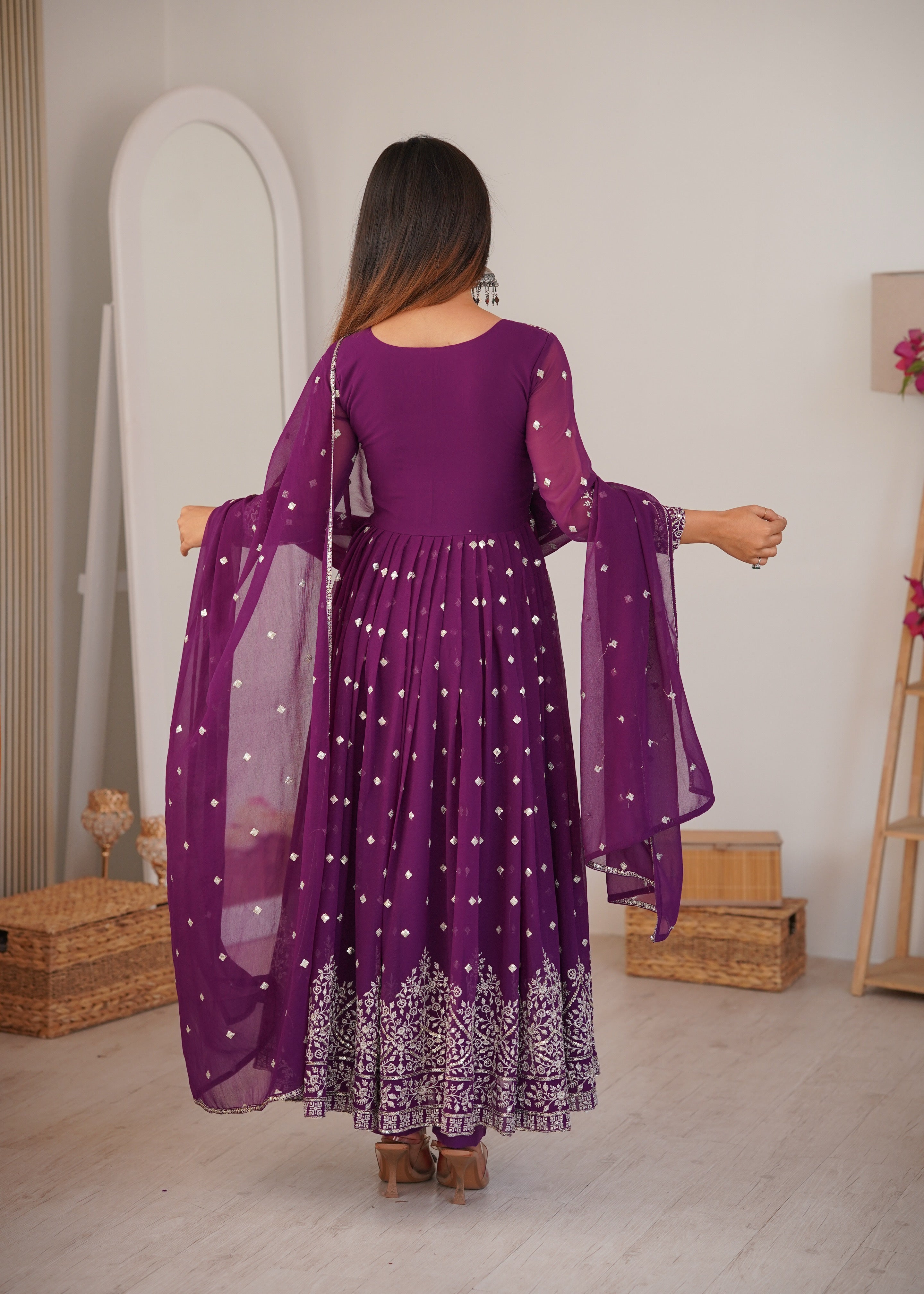 Wine Purple Designer Embroidered Anarkali Suit Set with Dupatta & Pant