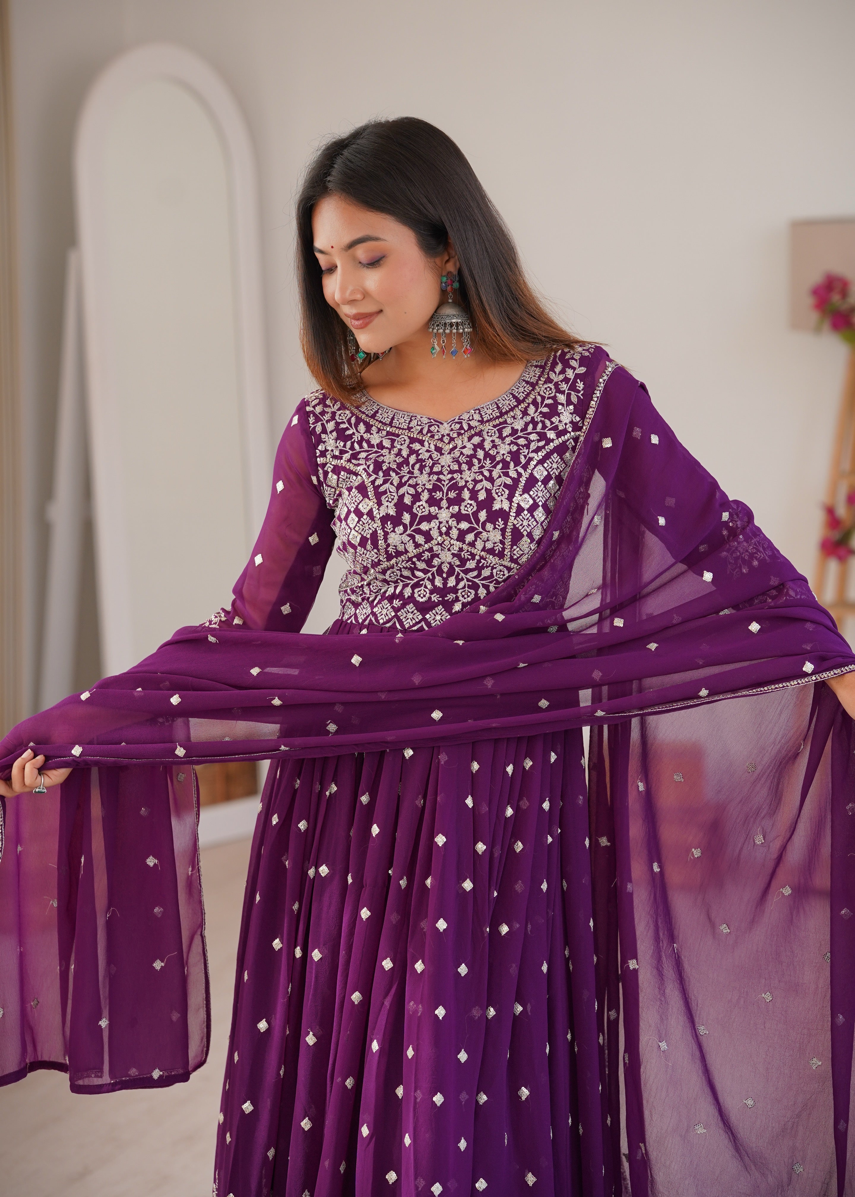Wine Purple Designer Embroidered Anarkali Suit Set with Dupatta & Pant