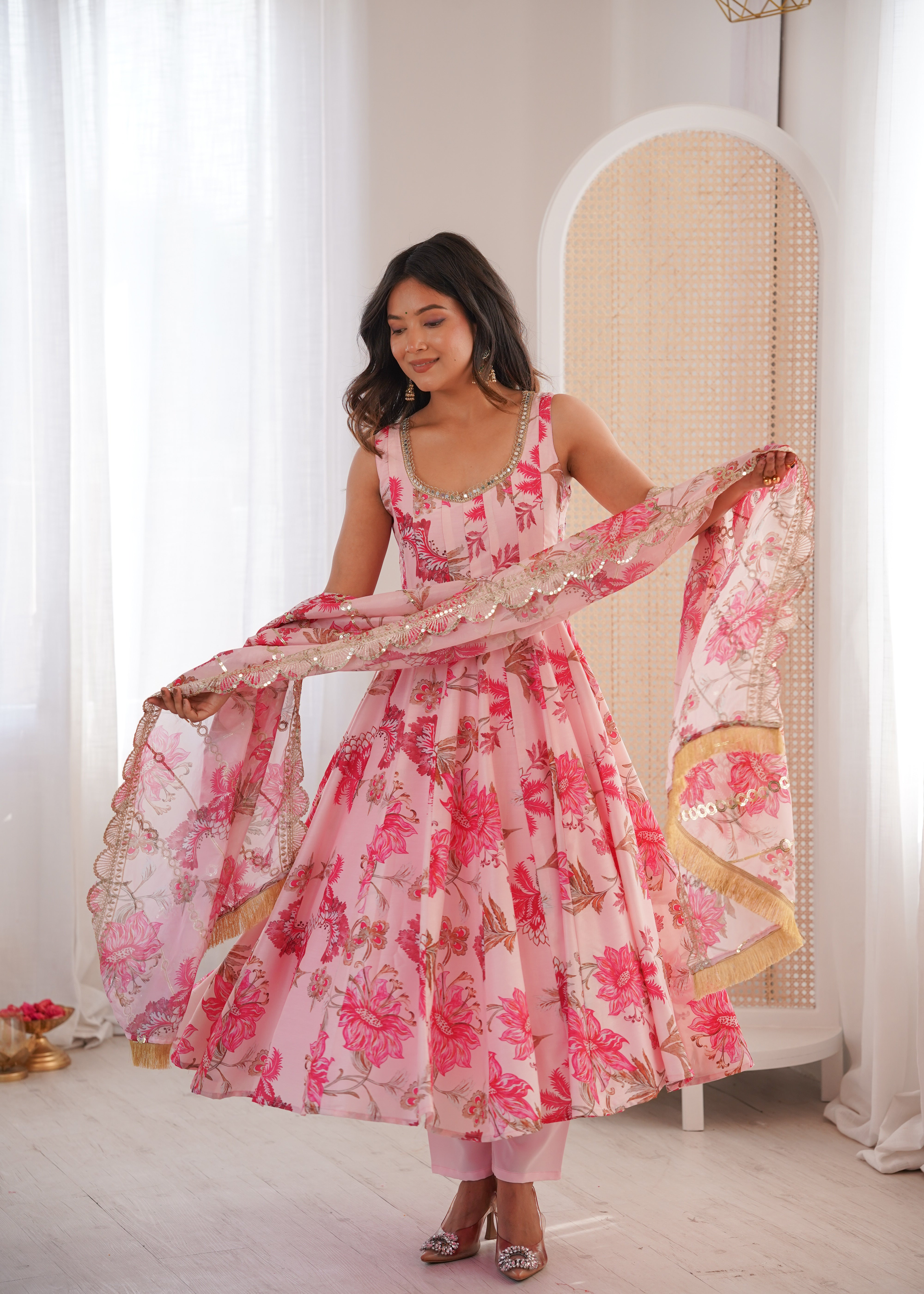 Pink Floral Print Kali Cut Anarkali Suit with Organza Dupatta & Pant Set for Women