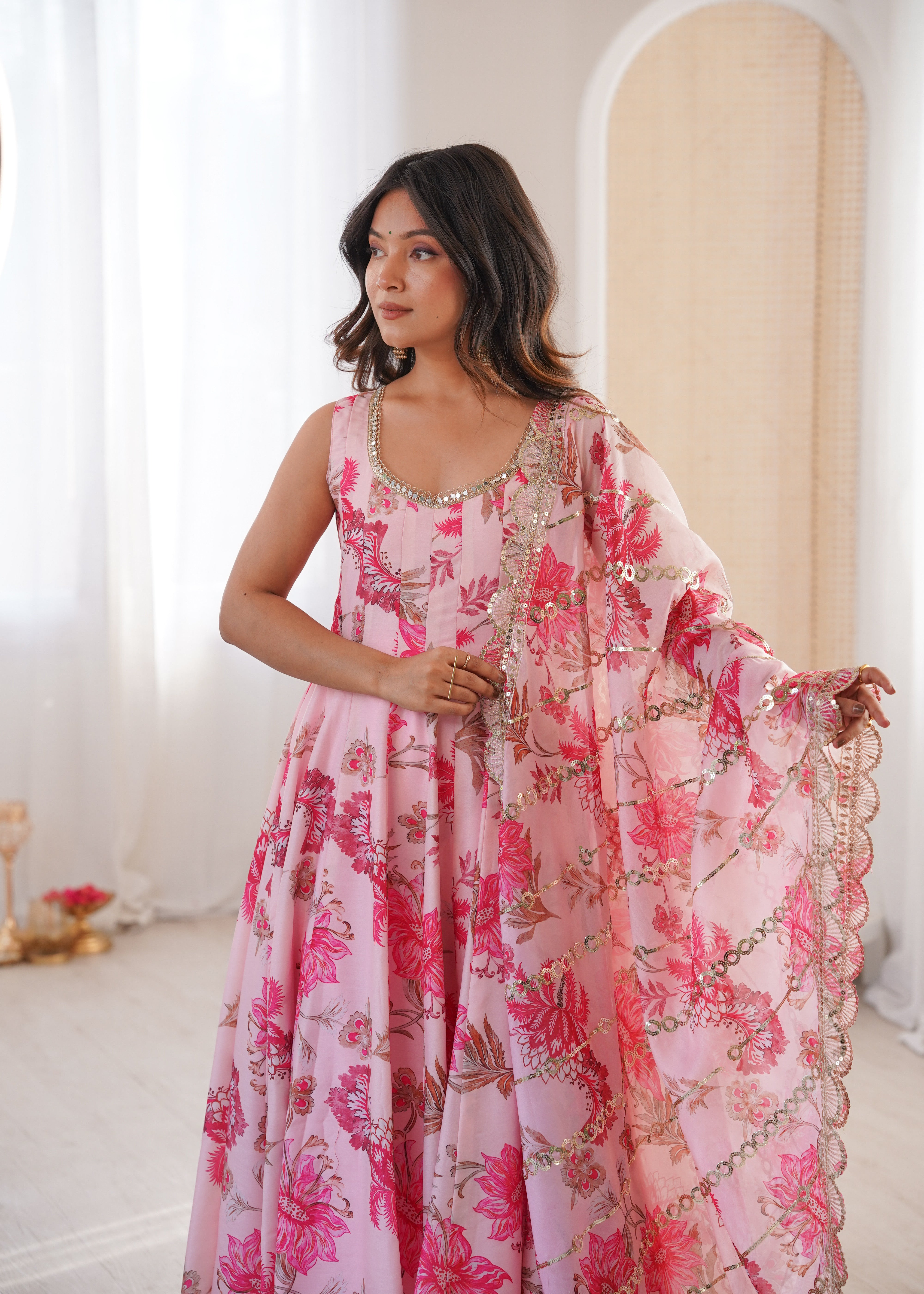 Pink Floral Print Kali Cut Anarkali Suit with Organza Dupatta & Pant Set for Women