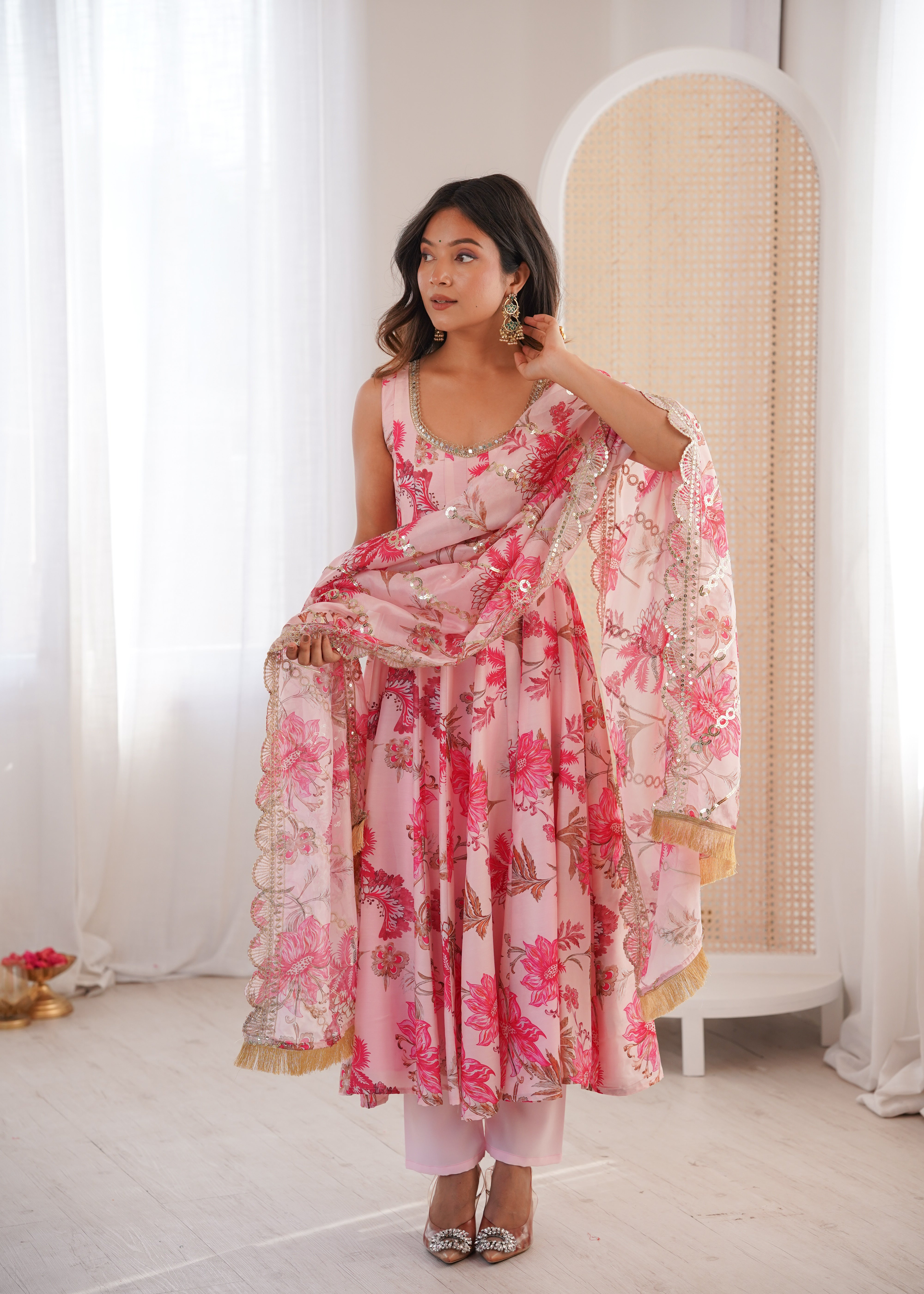Pink Floral Print Kali Cut Anarkali Suit with Organza Dupatta & Pant Set for Women