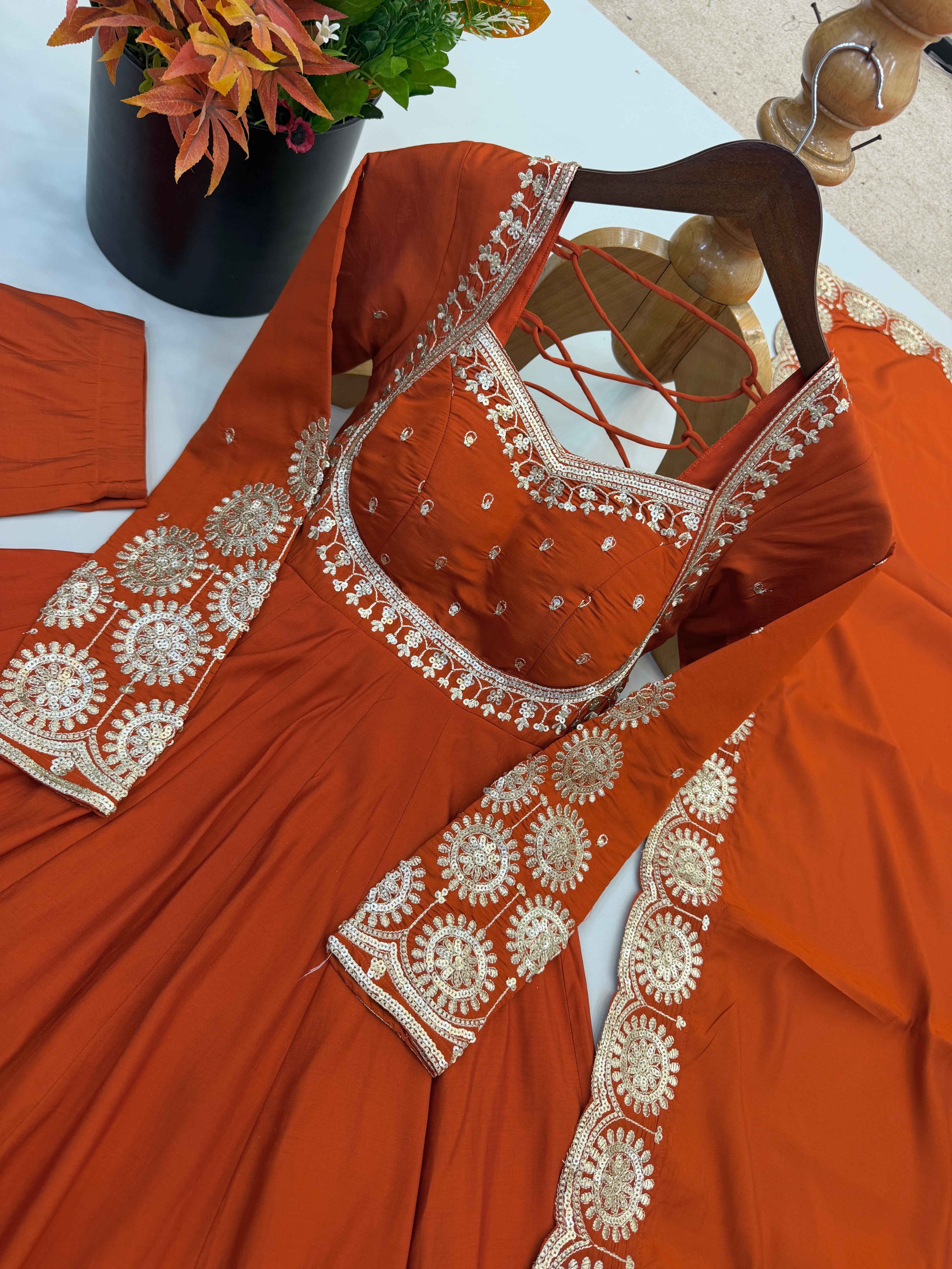 Rust Orange Roman Silk Embroidered Anarkali Suit Set with Chanderi Dupatta