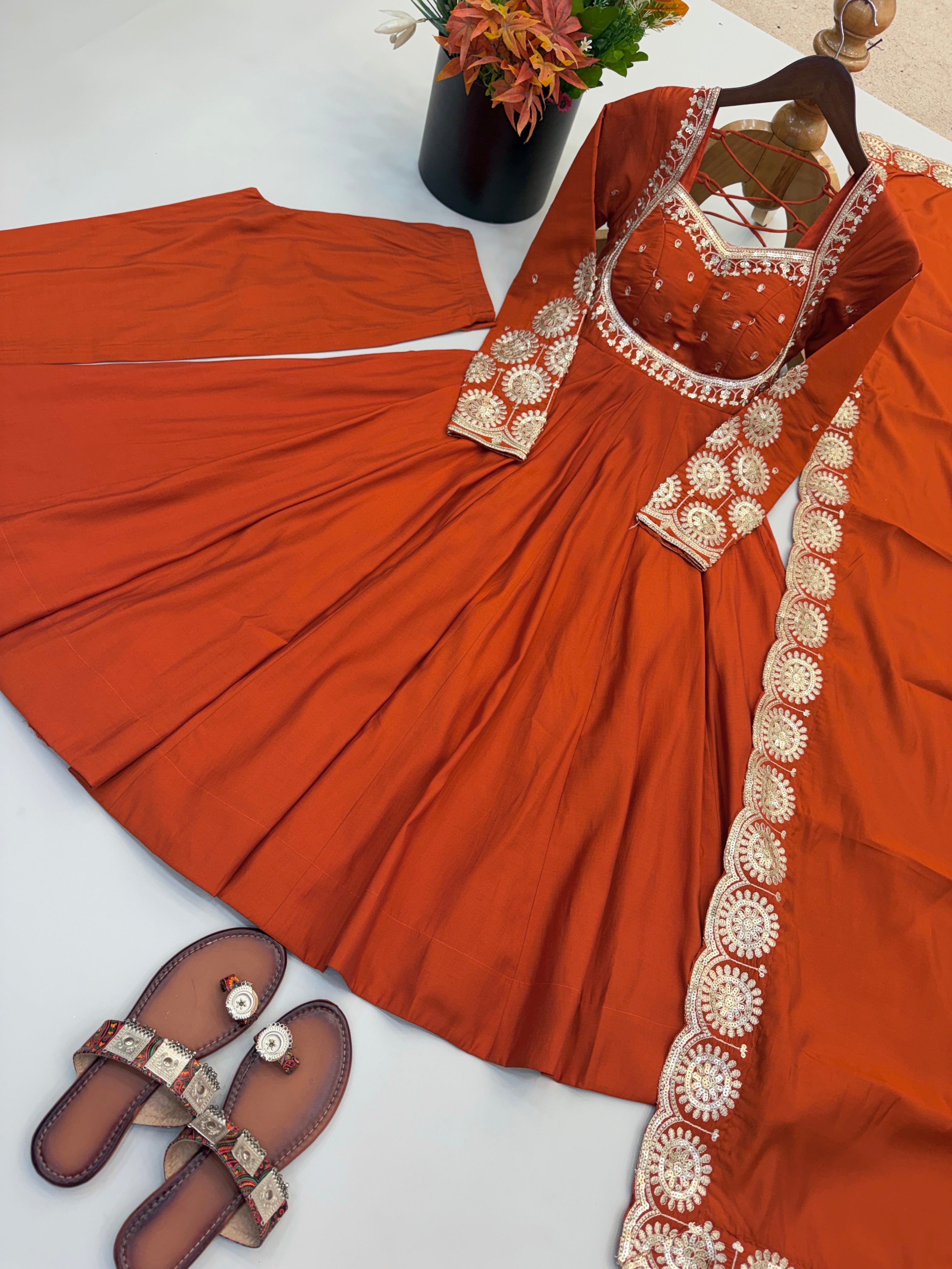 Rust Orange Roman Silk Embroidered Sequin Anarkali Suit Set with Chanderi Dupatta