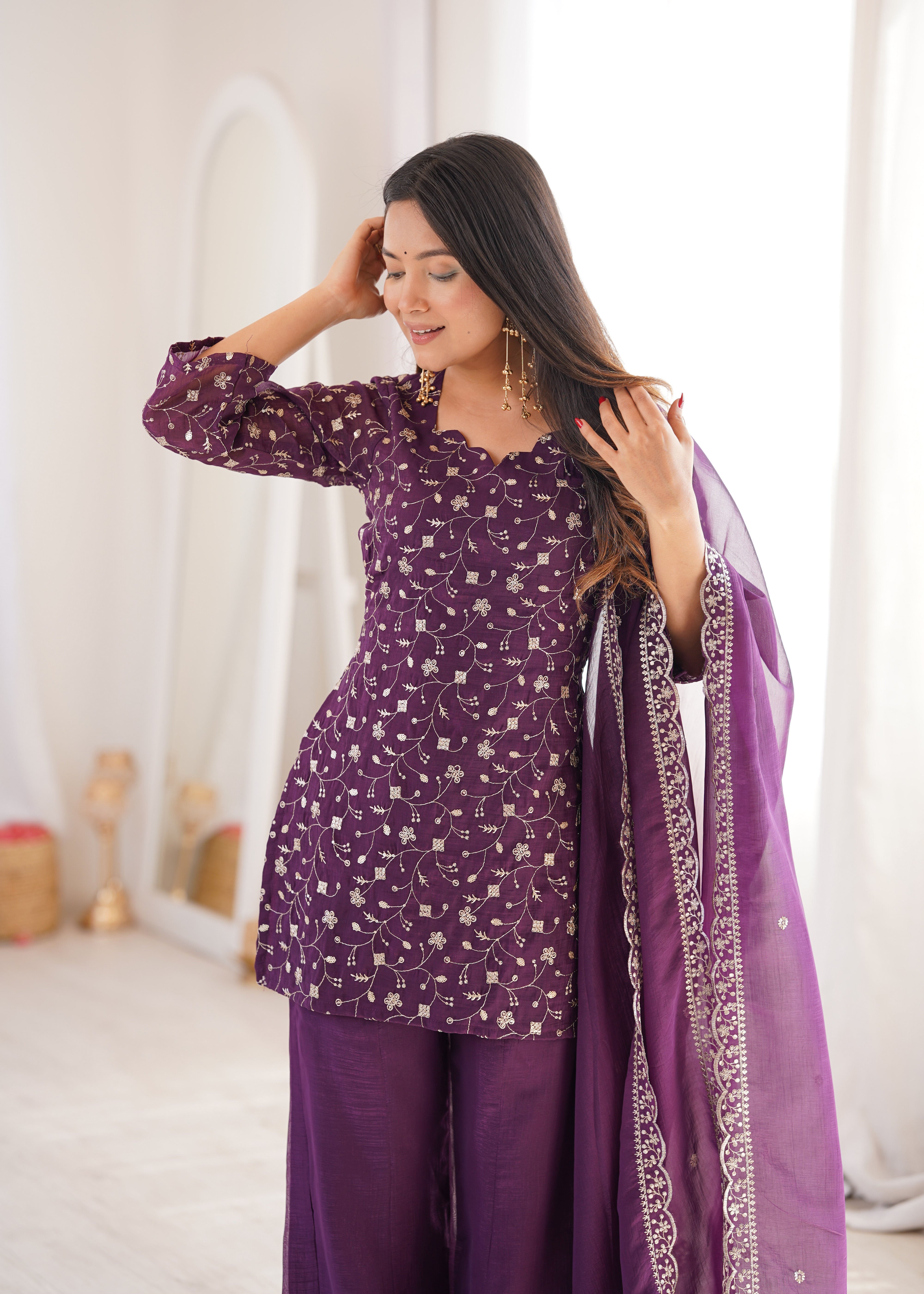 Women’s Wine Embroidered Kurta Set with Bell Bottom Pant & Dupatta | Partywear Ethnic Suit