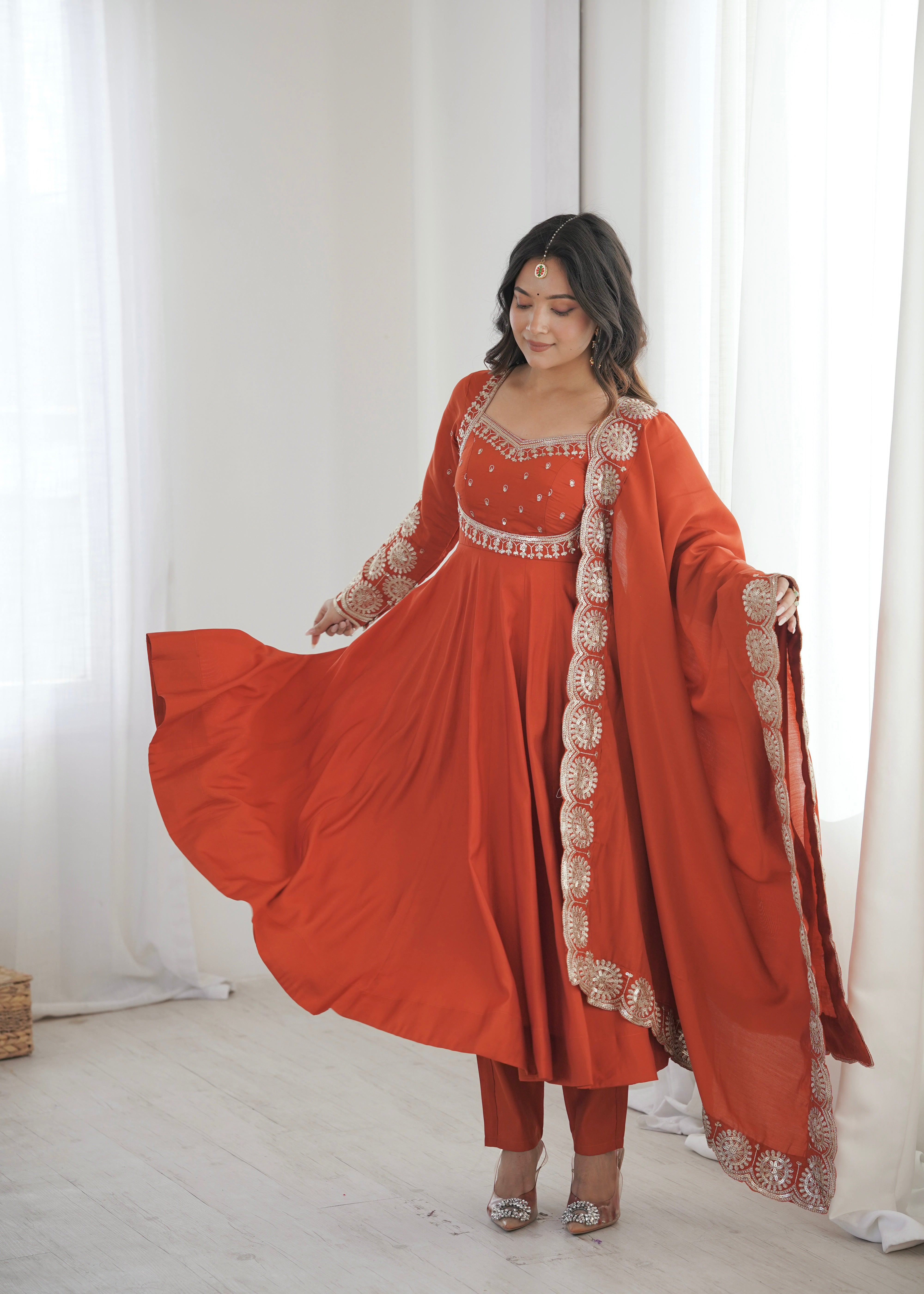 Rust Orange Roman Silk Embroidered Sequin Anarkali Suit Set with Chanderi Dupatta