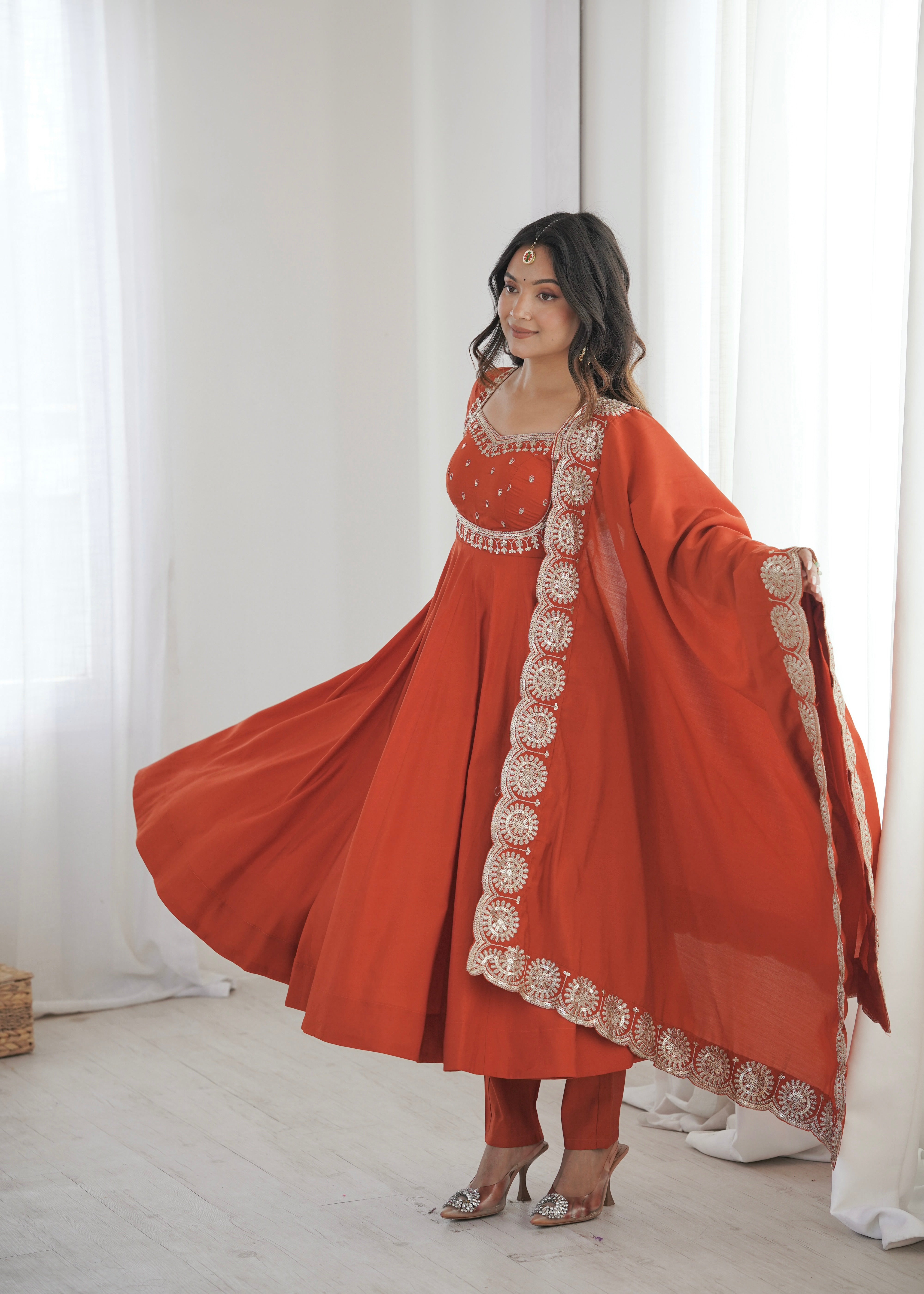Rust Orange Roman Silk Embroidered Anarkali Suit Set with Chanderi Dupatta