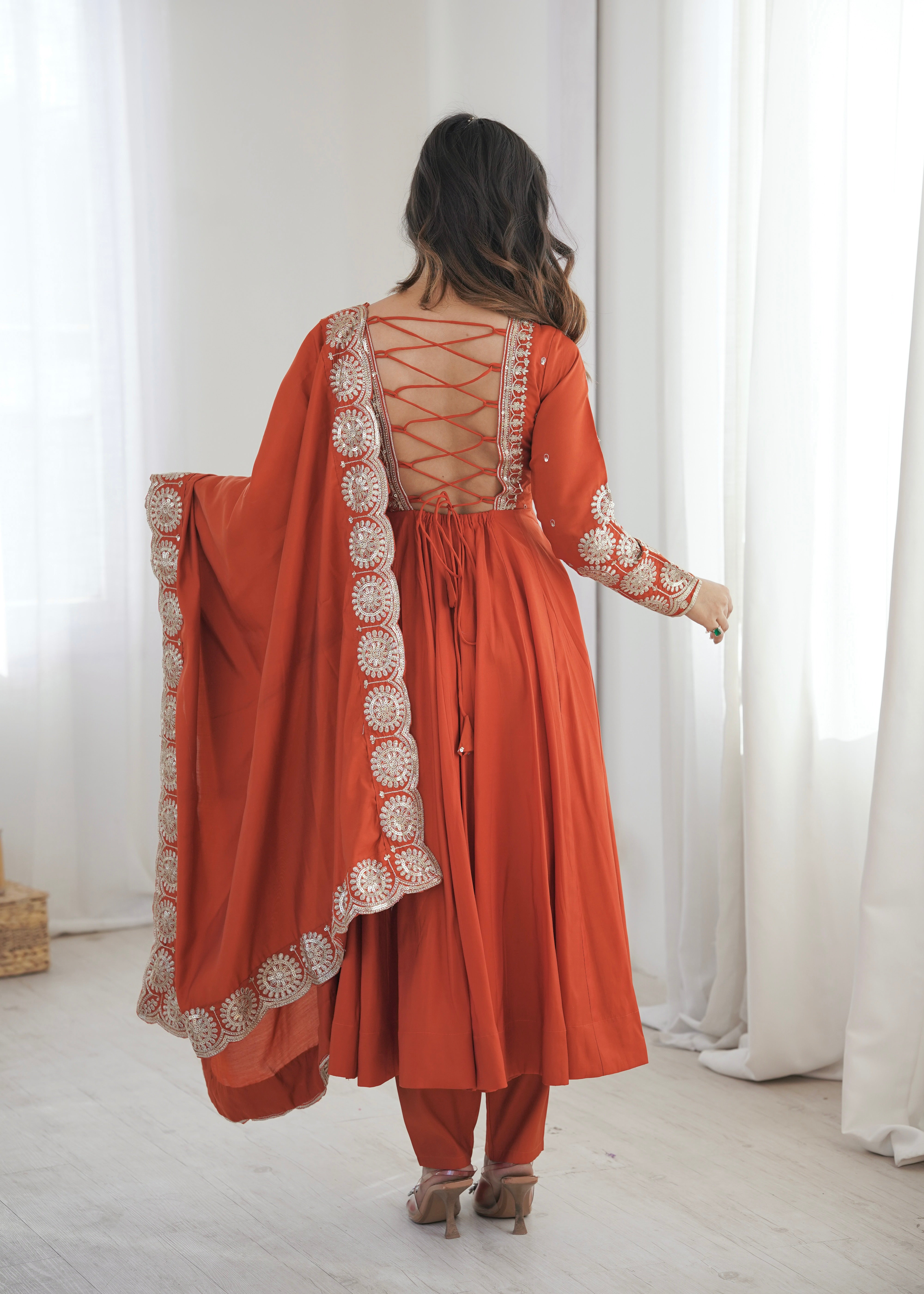 Rust Orange Roman Silk Embroidered Sequin Anarkali Suit Set with Chanderi Dupatta