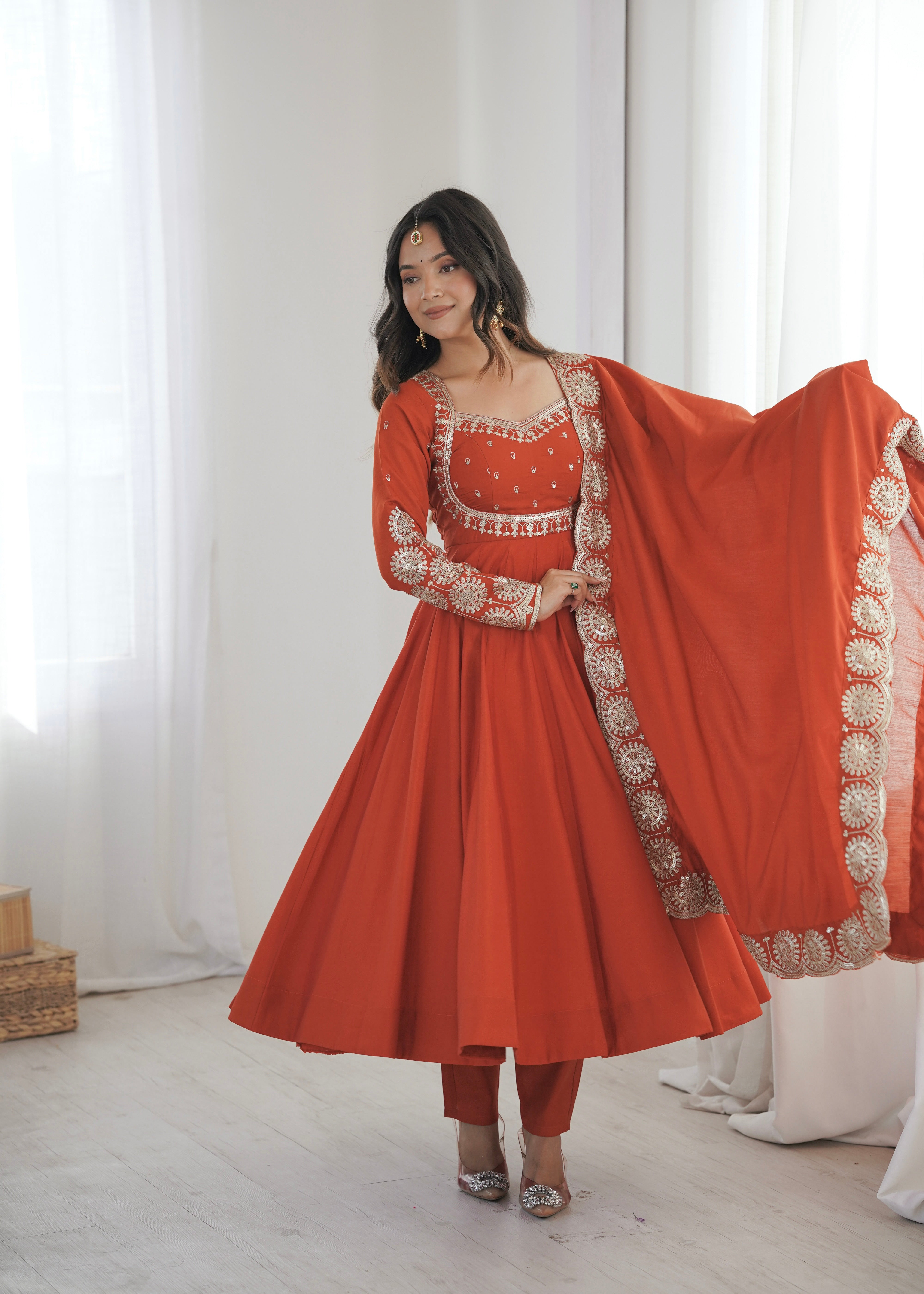 Rust Orange Roman Silk Embroidered Sequin Anarkali Suit Set with Chanderi Dupatta