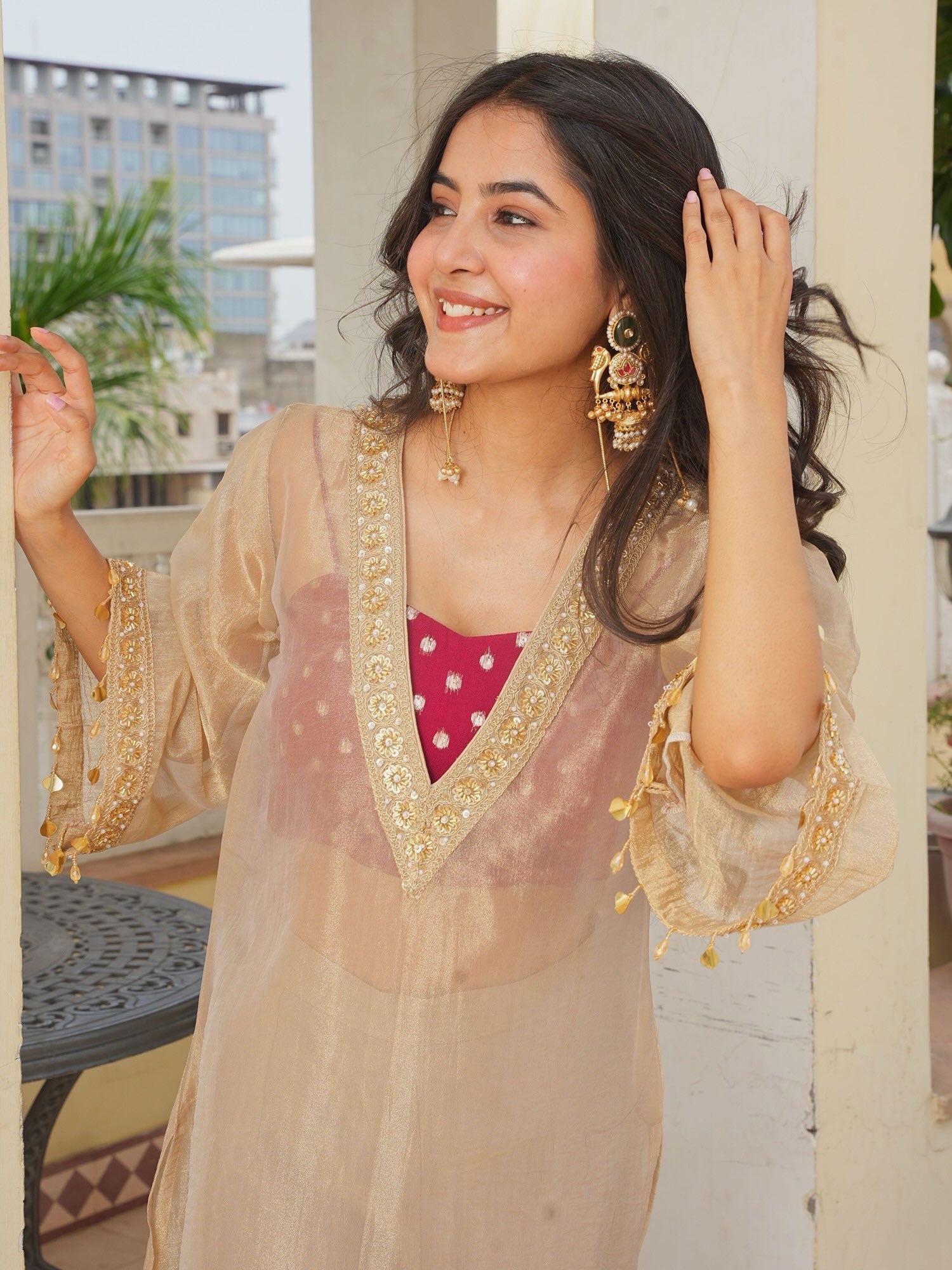 Champagne Gold Tissue Salsa Designer Kurta Palazzo Set with Embroidered Satin Blouse