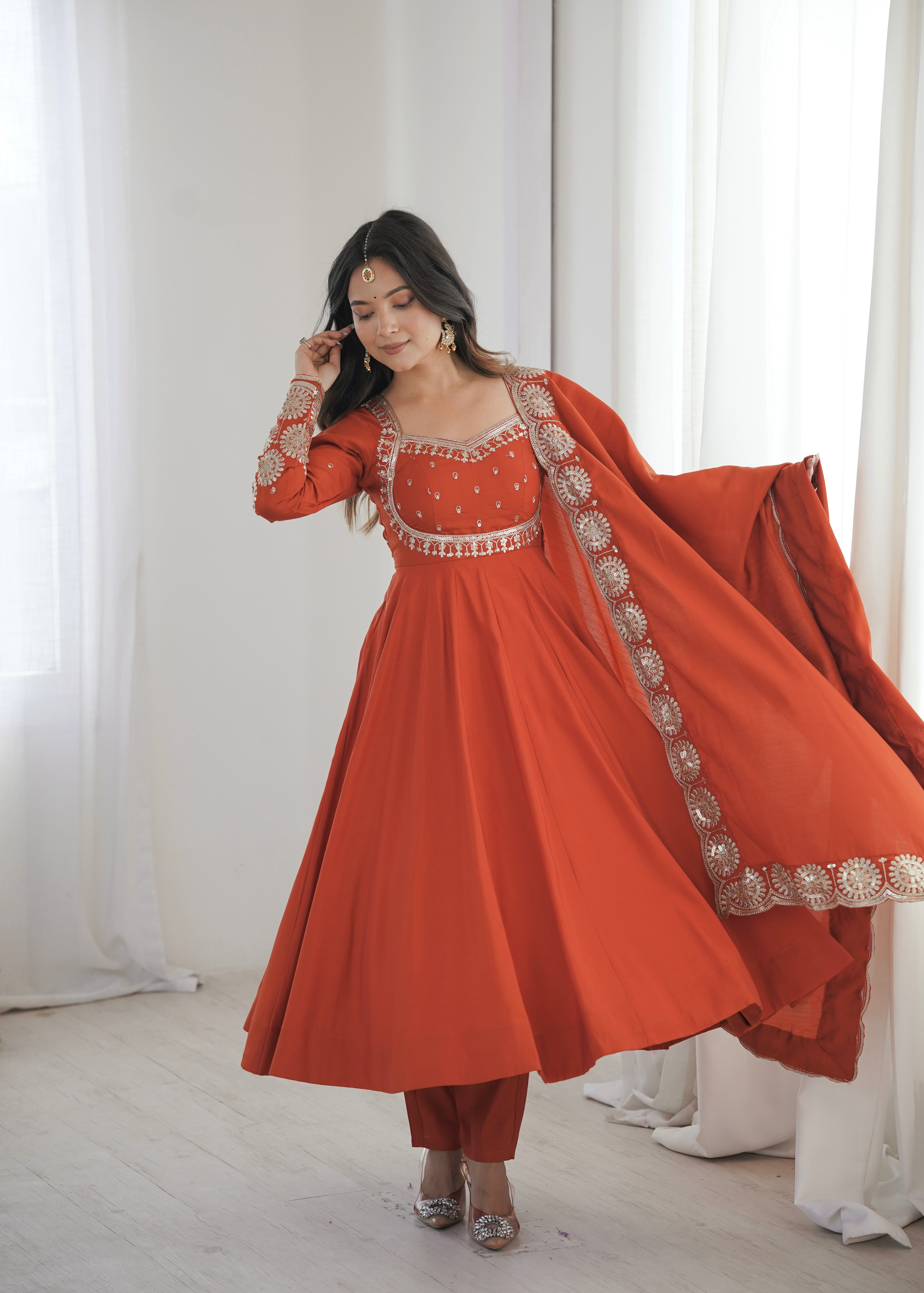 Rust Orange Roman Silk Embroidered Sequin Anarkali Suit Set with Chanderi Dupatta