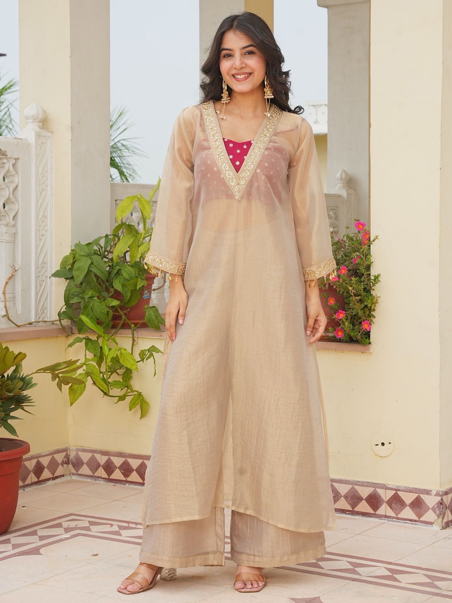 Champagne Gold Tissue Salsa Designer Kurta Palazzo Set with Embroidered Satin Blouse