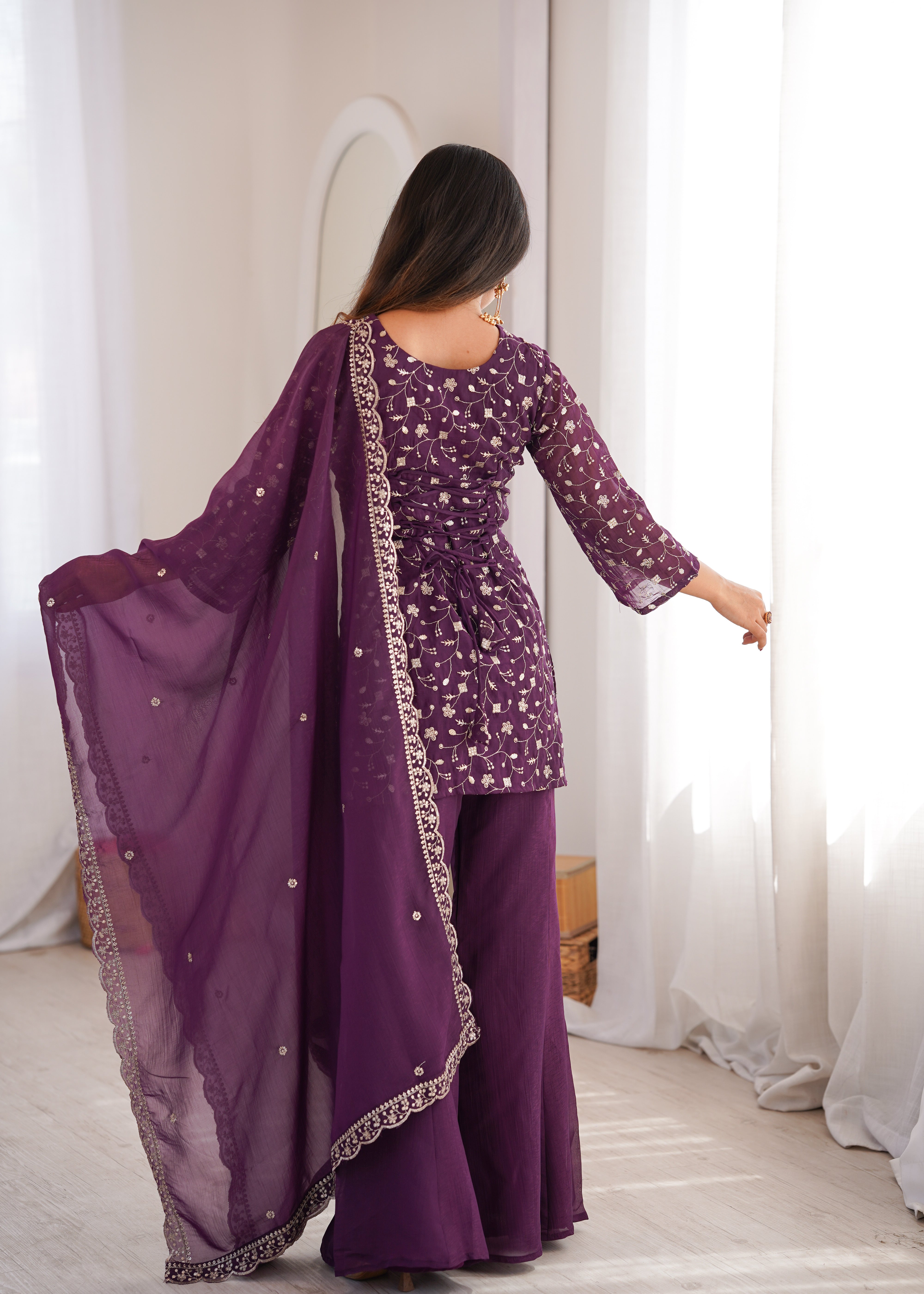 Women’s Wine Embroidered Kurta Set with Bell Bottom Pant & Dupatta | Partywear Ethnic Suit