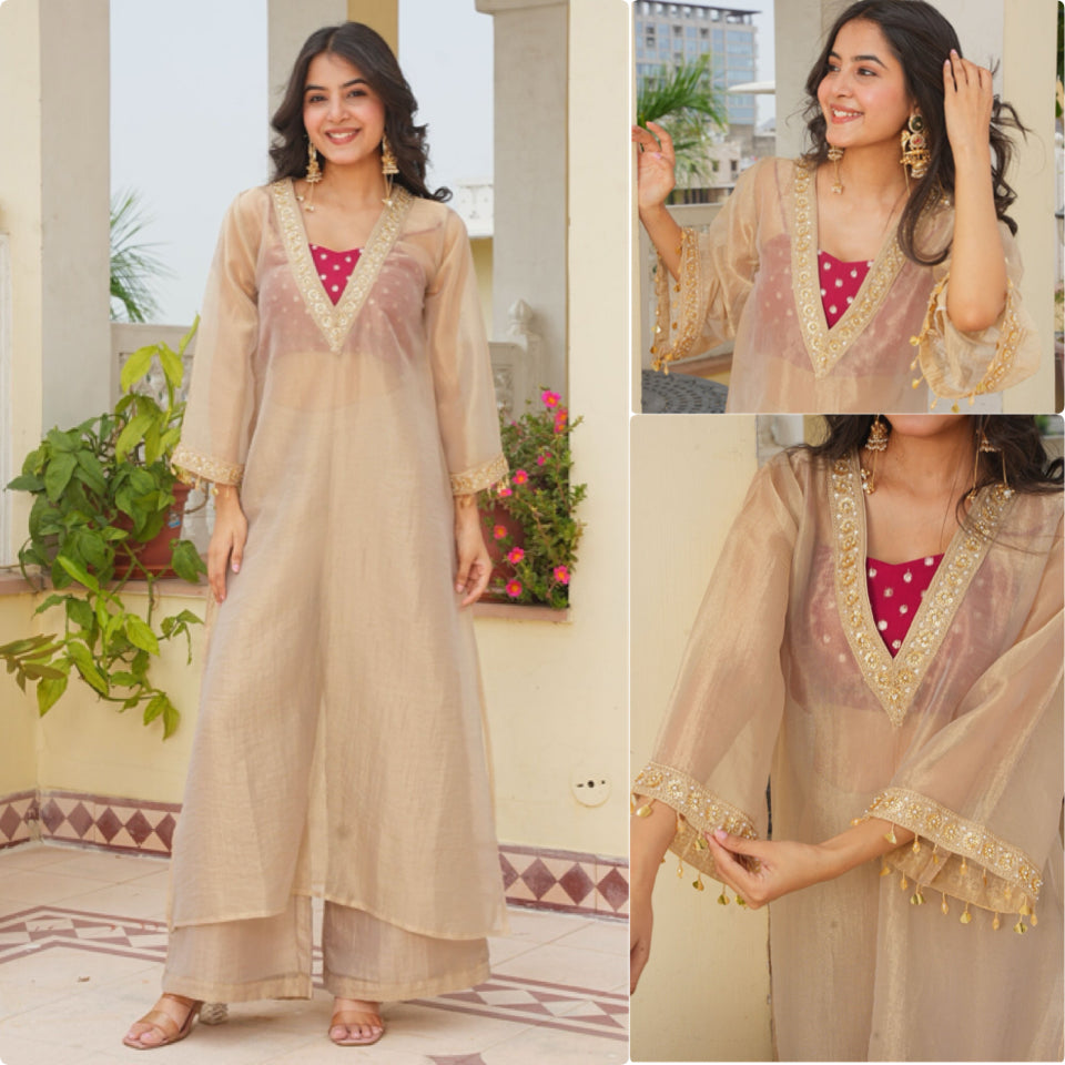 Champagne Gold Tissue Salsa Designer Kurta Palazzo Set with Embroidered Satin Blouse