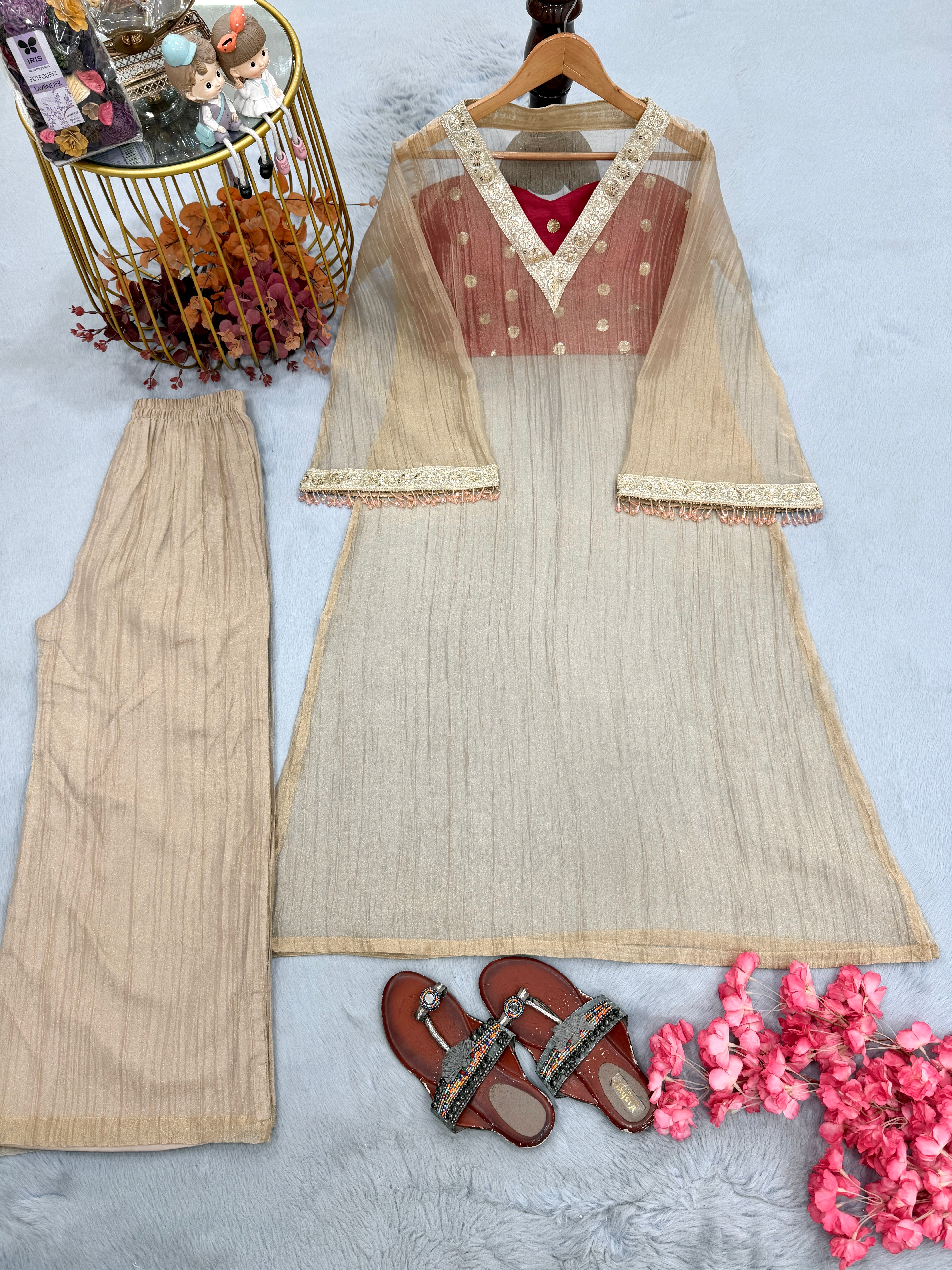 Champagne Gold Tissue Salsa Designer Kurta Palazzo Set with Embroidered Satin Blouse