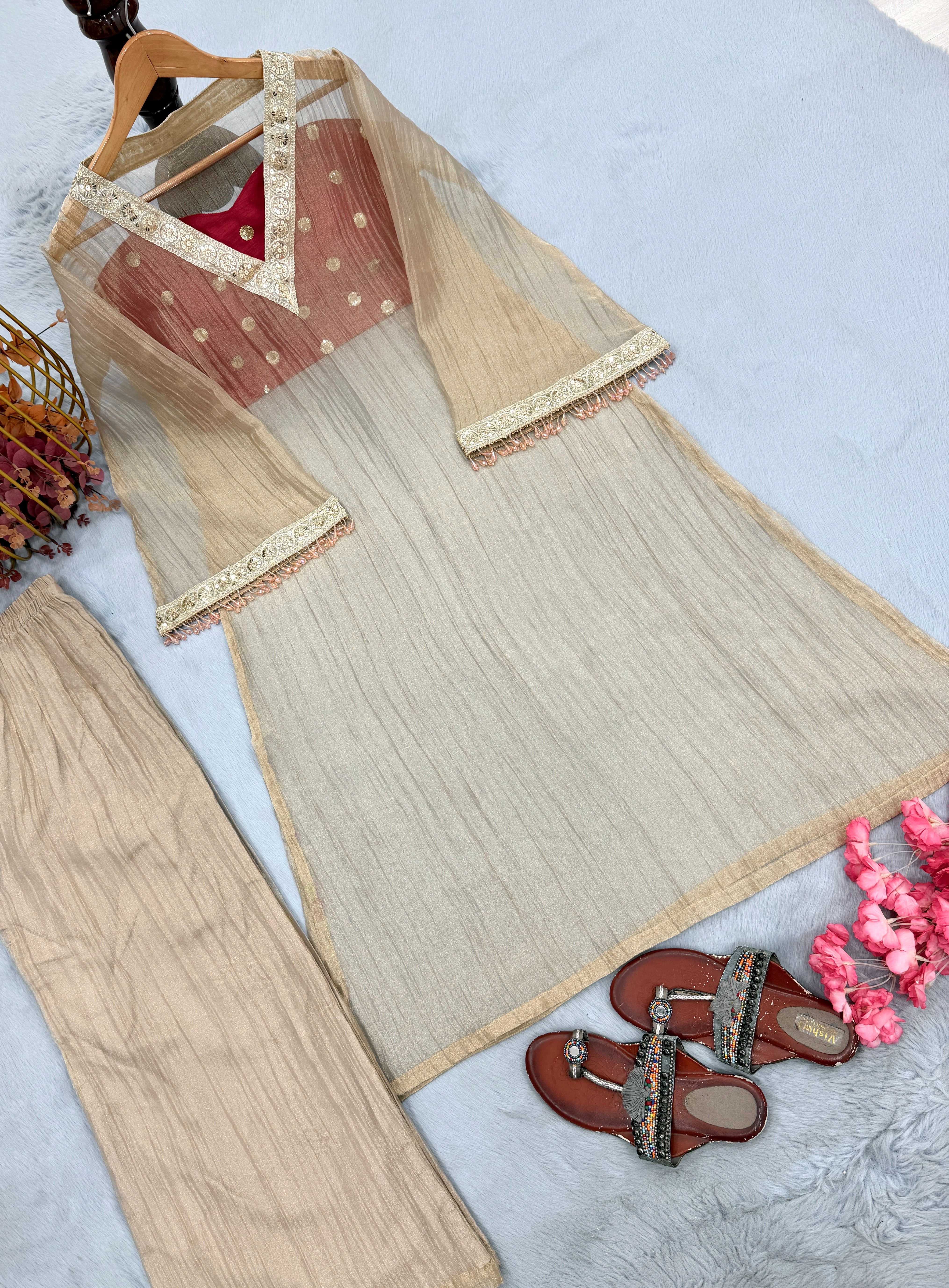 Champagne Gold Tissue Salsa Designer Kurta Palazzo Set with Embroidered Satin Blouse