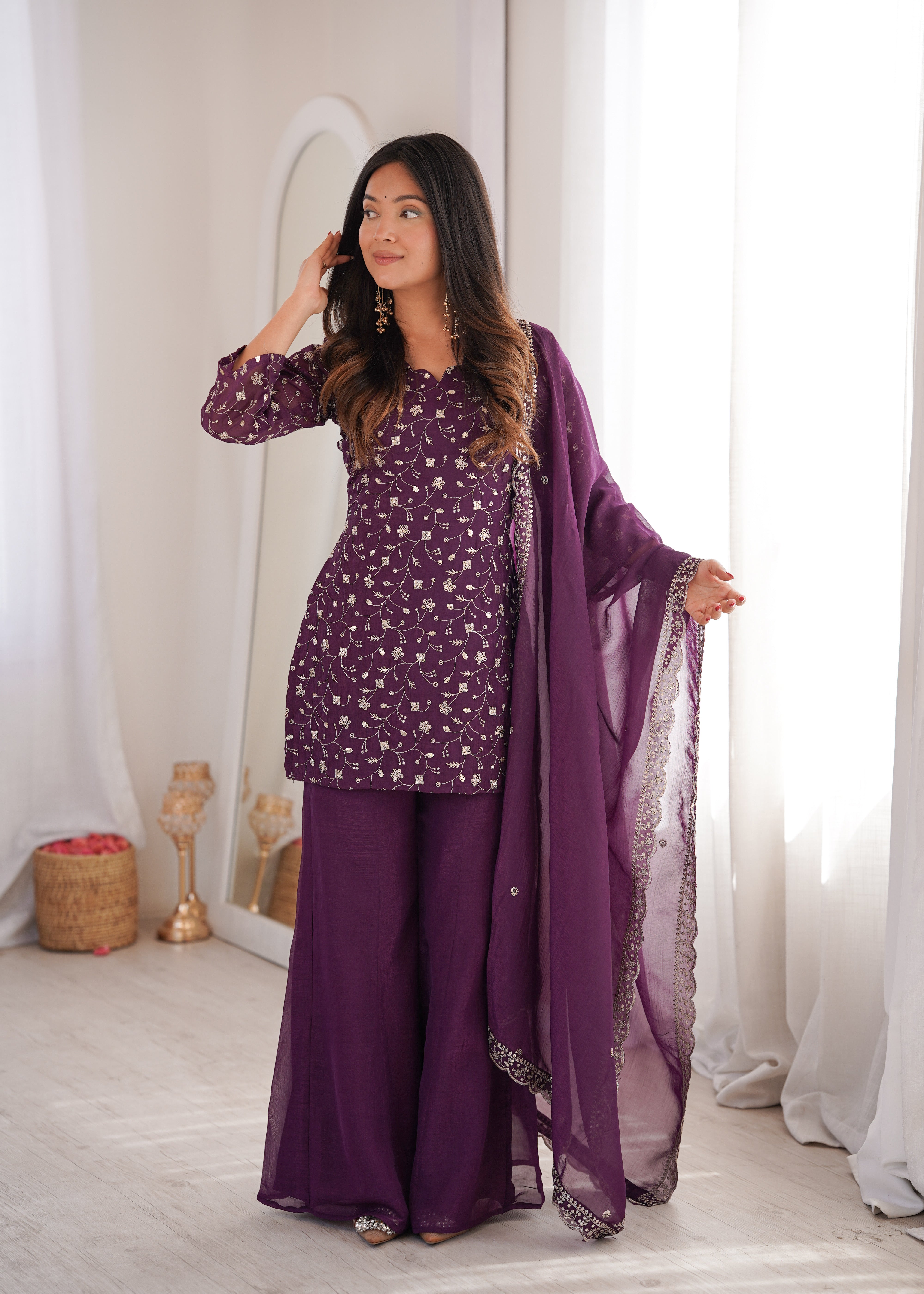 Women’s Wine Embroidered Kurta Set with Bell Bottom Pant & Dupatta | Partywear Ethnic Suit