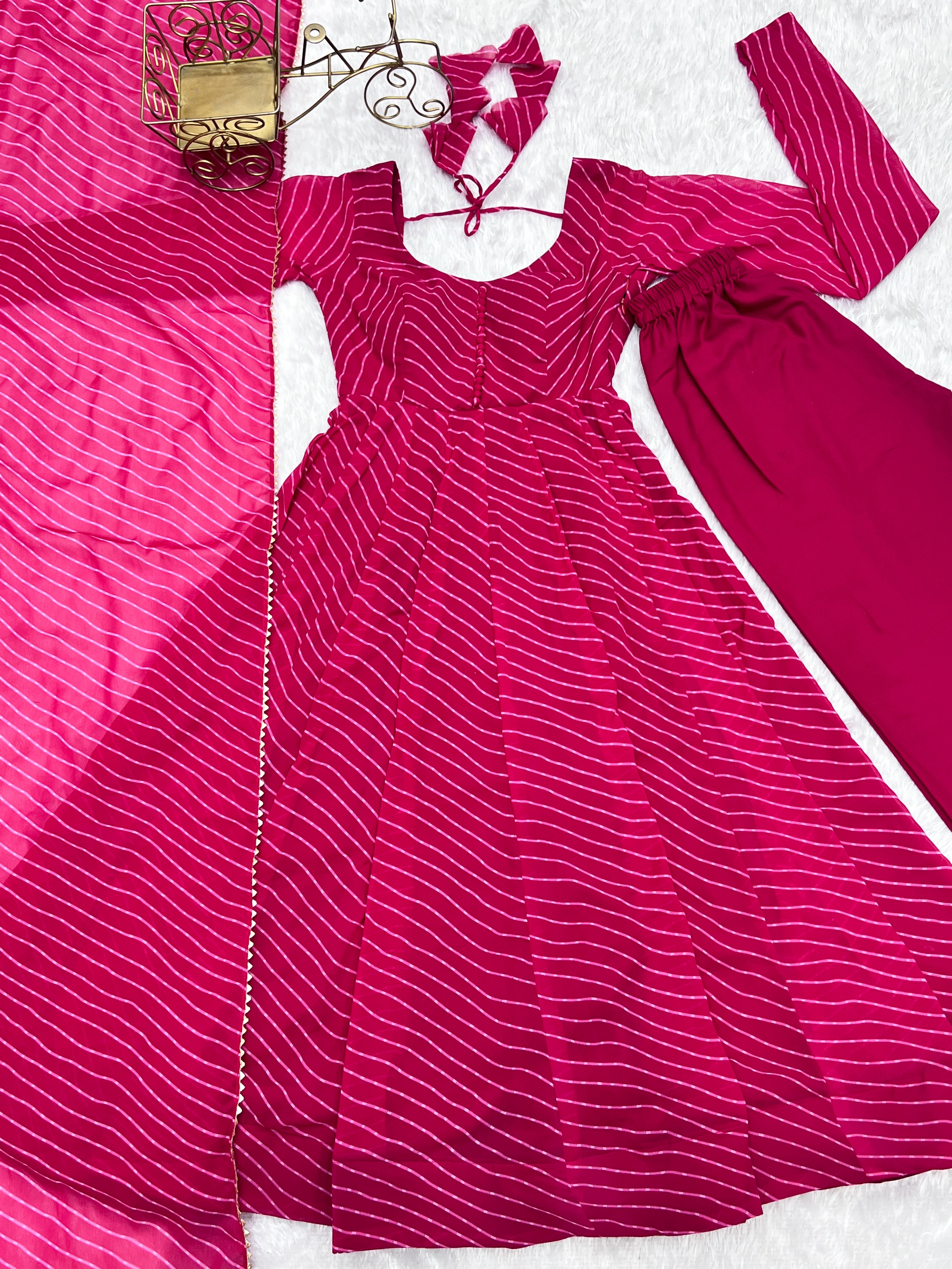 Rani Pink Laheriya Print Fox Georgette Anarkali Suit Set with Dupatta & Pant
