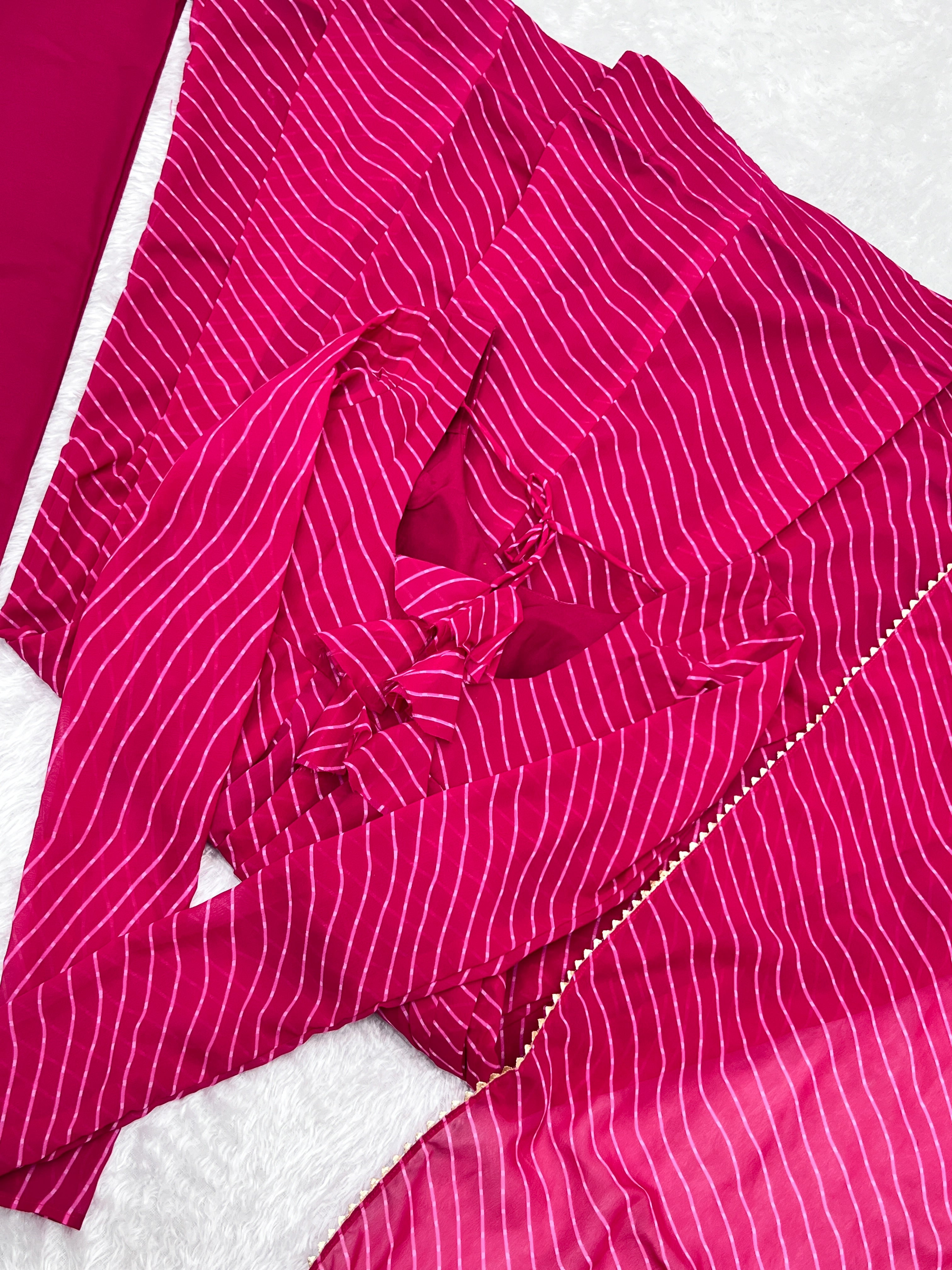 Rani Pink Laheriya Print Fox Georgette Anarkali Suit Set with Dupatta & Pant