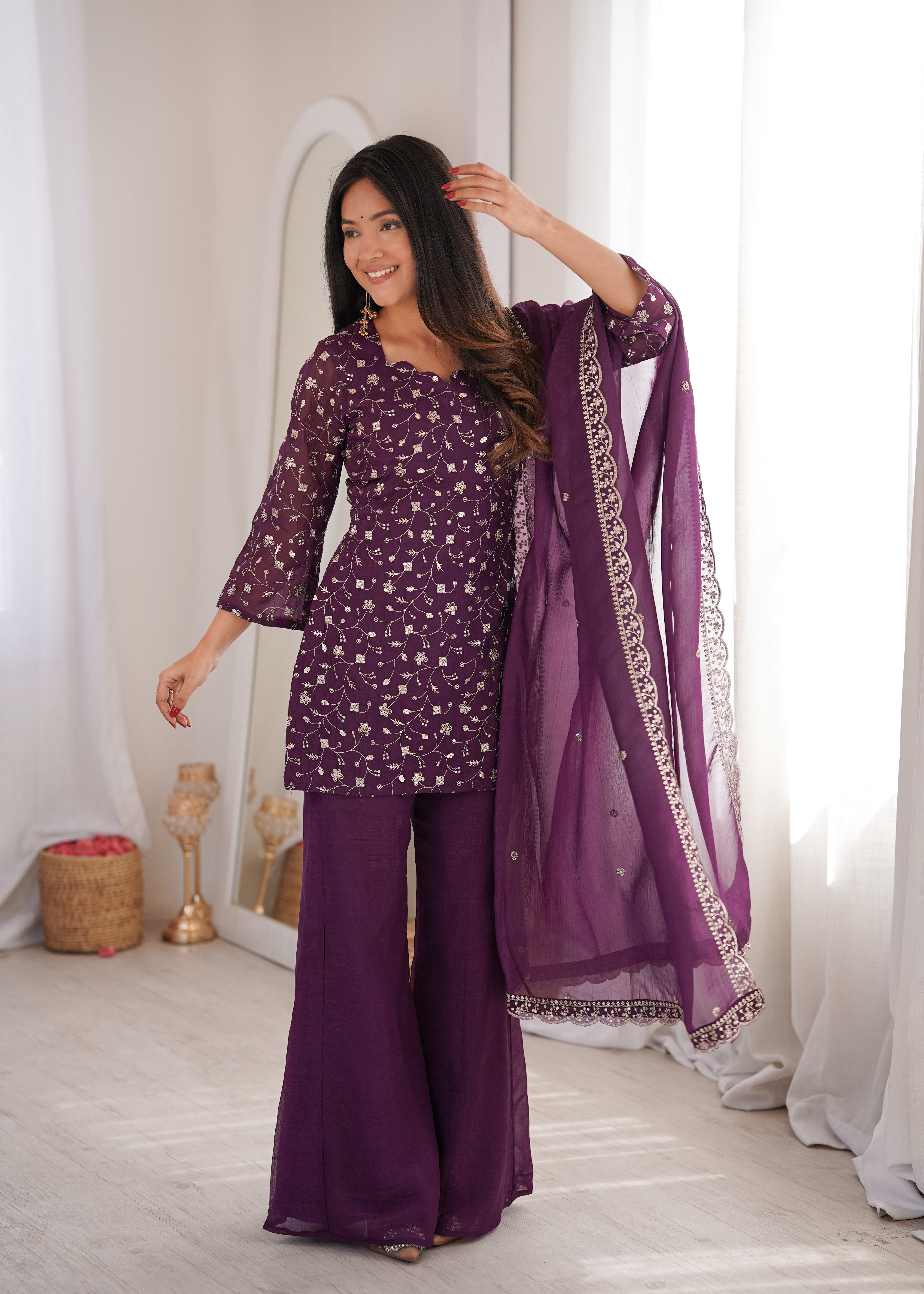 Women’s Wine Embroidered Kurta Set with Bell Bottom Pant & Dupatta | Partywear Ethnic Suit