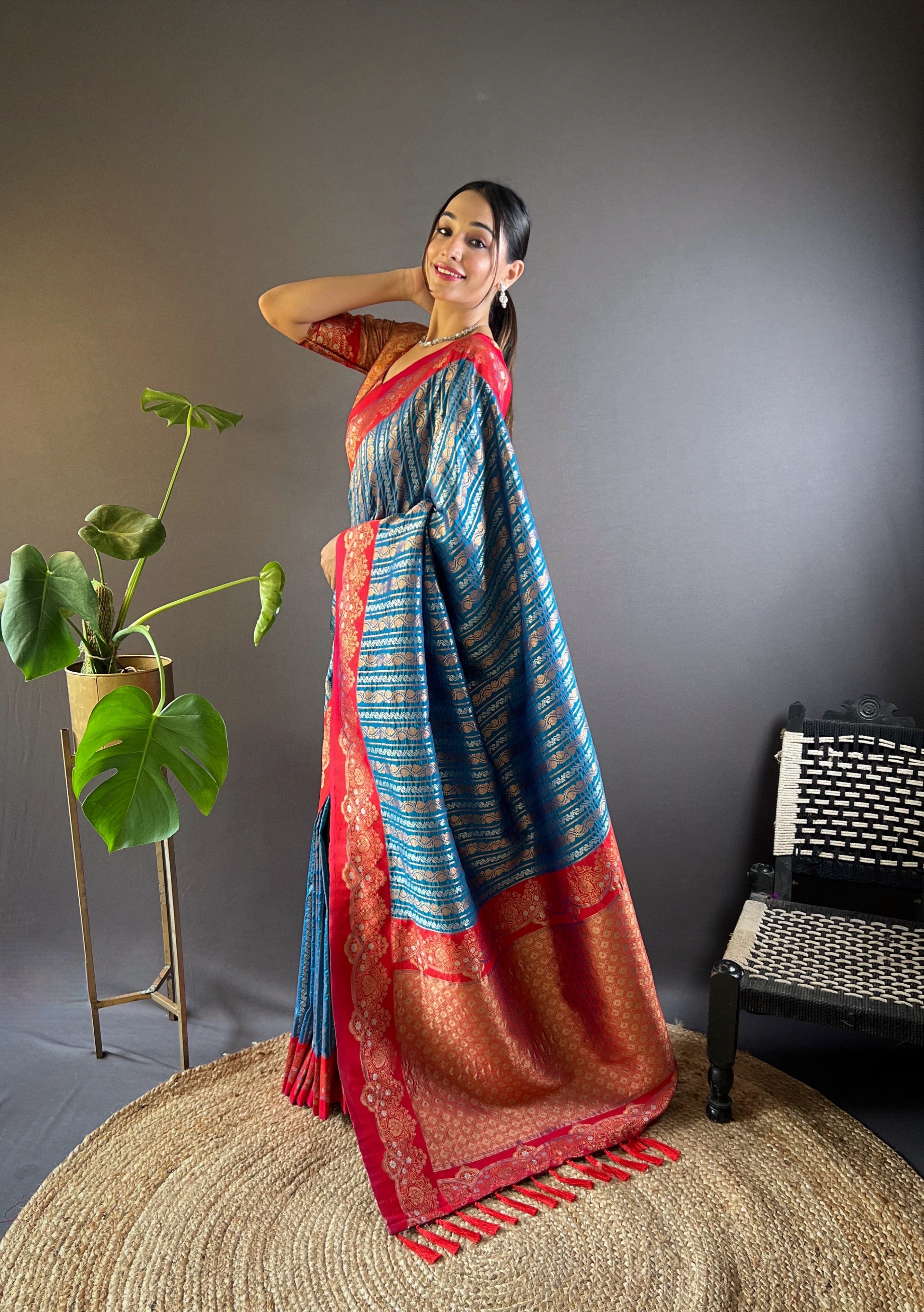 Teal Soft Silk Zari Woven Partywear Saree