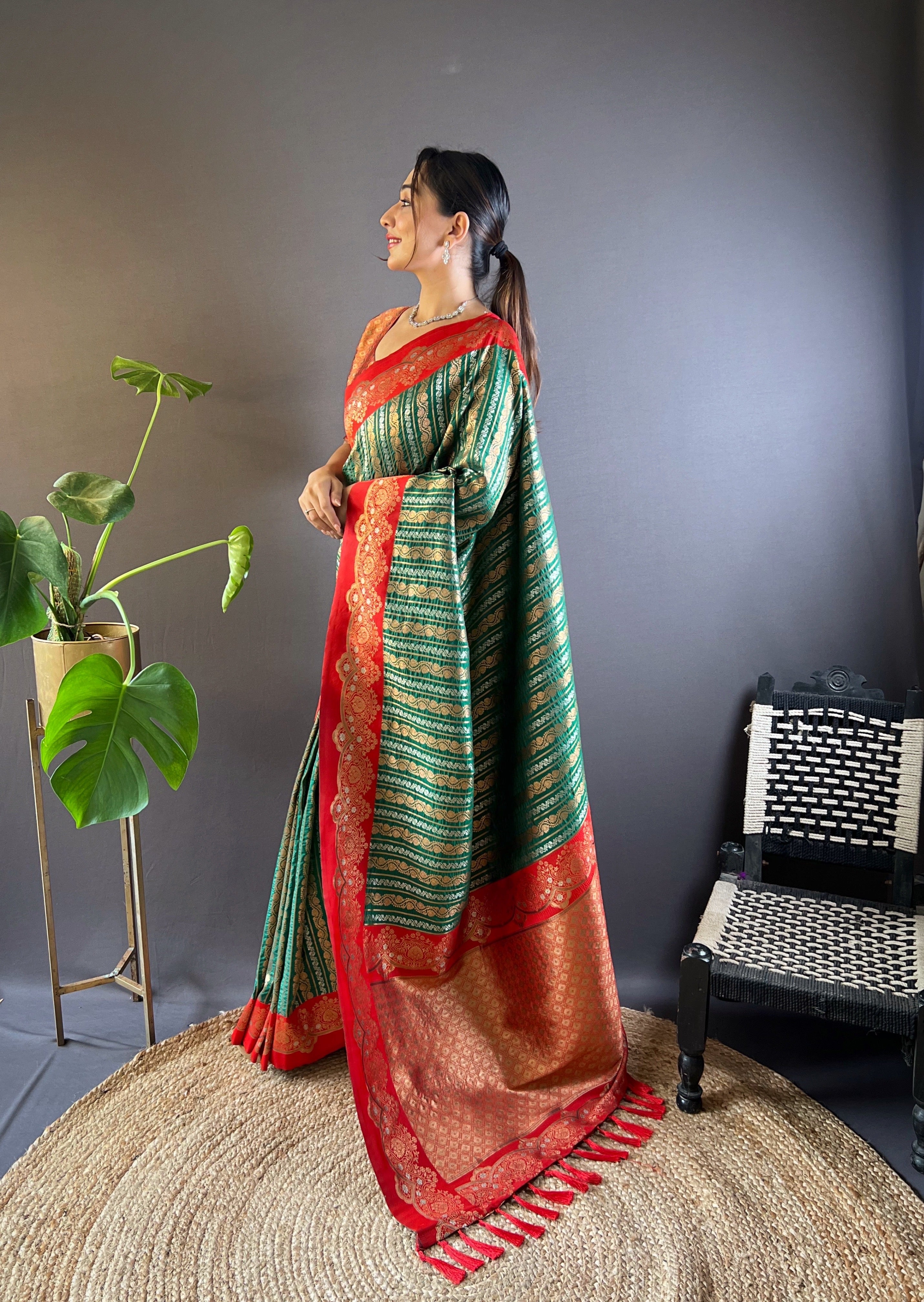 Bottle Green Soft Silk Zari Woven Partywear Saree