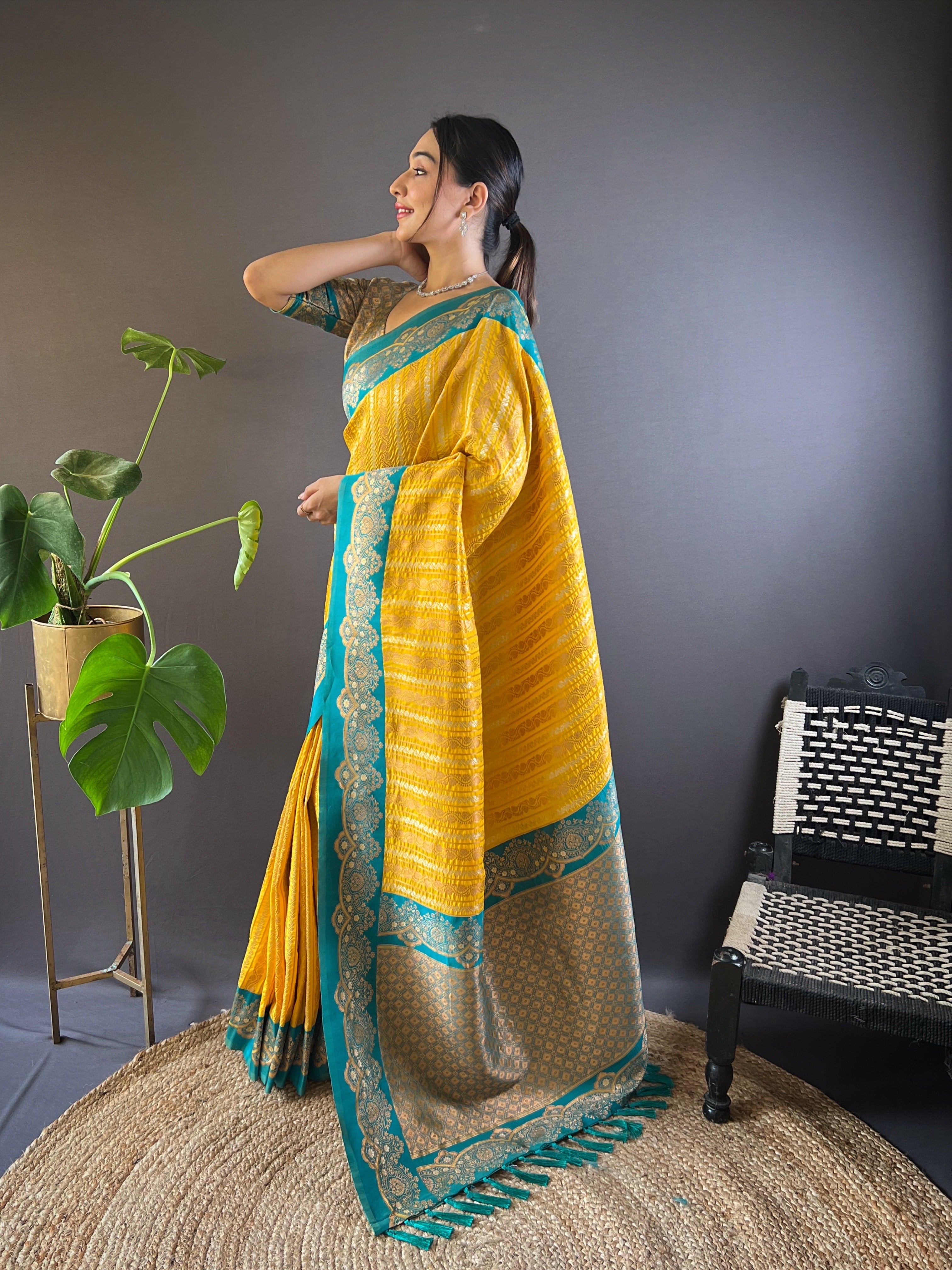 Yellow Zari Woven Partywear Saree