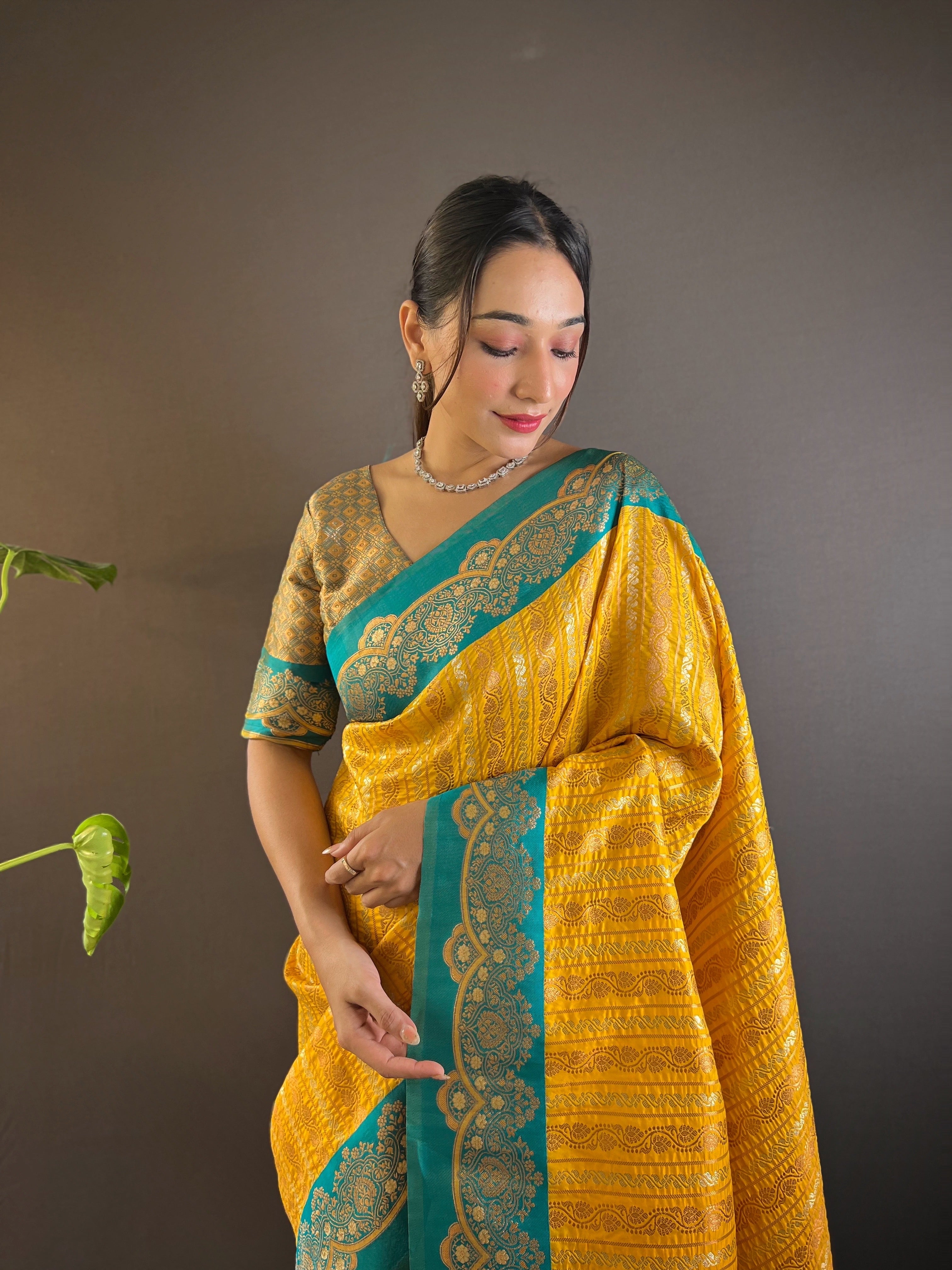 Yellow Zari Woven Partywear Saree