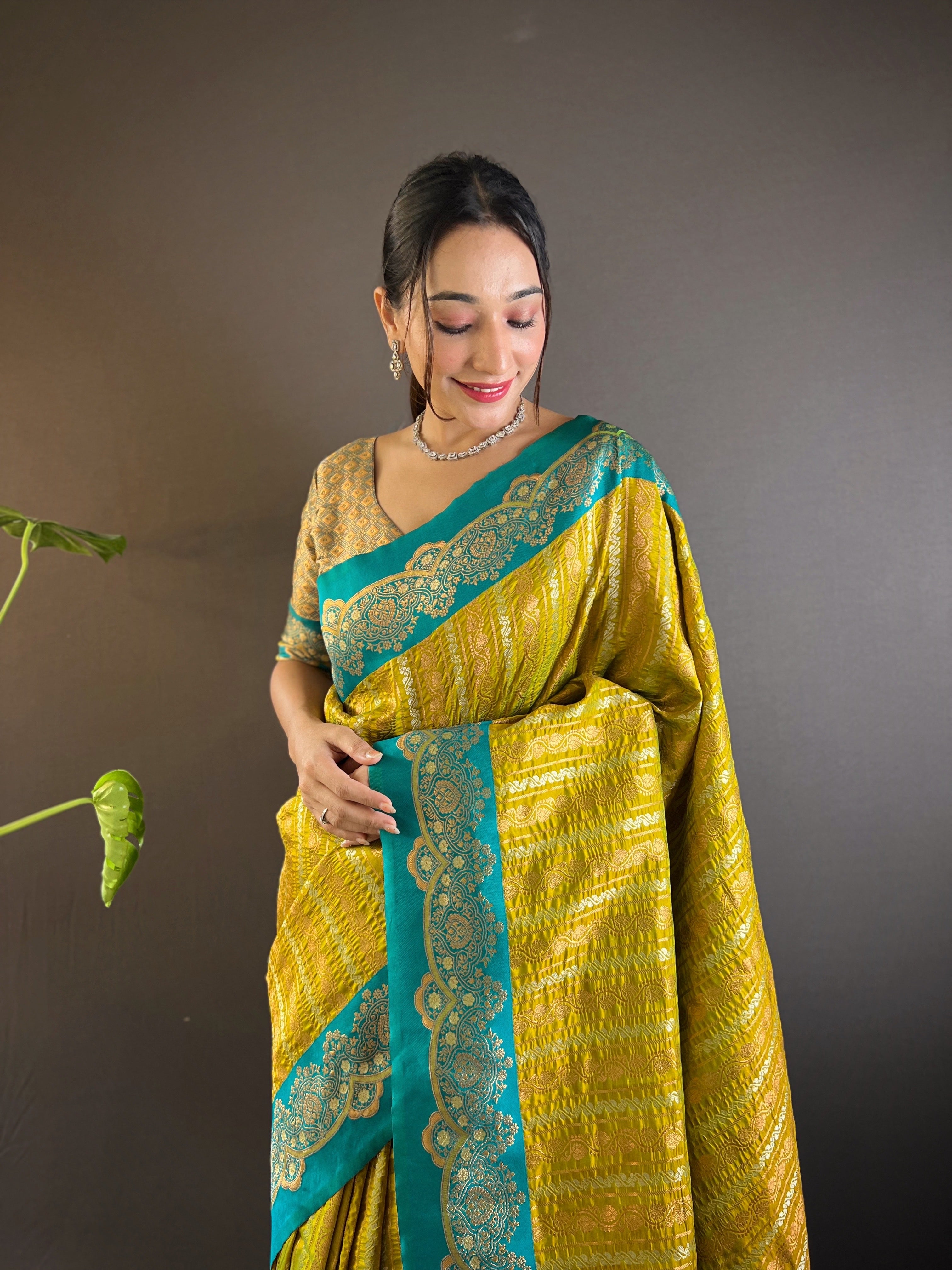 Mustard Zari Woven Partywear Saree