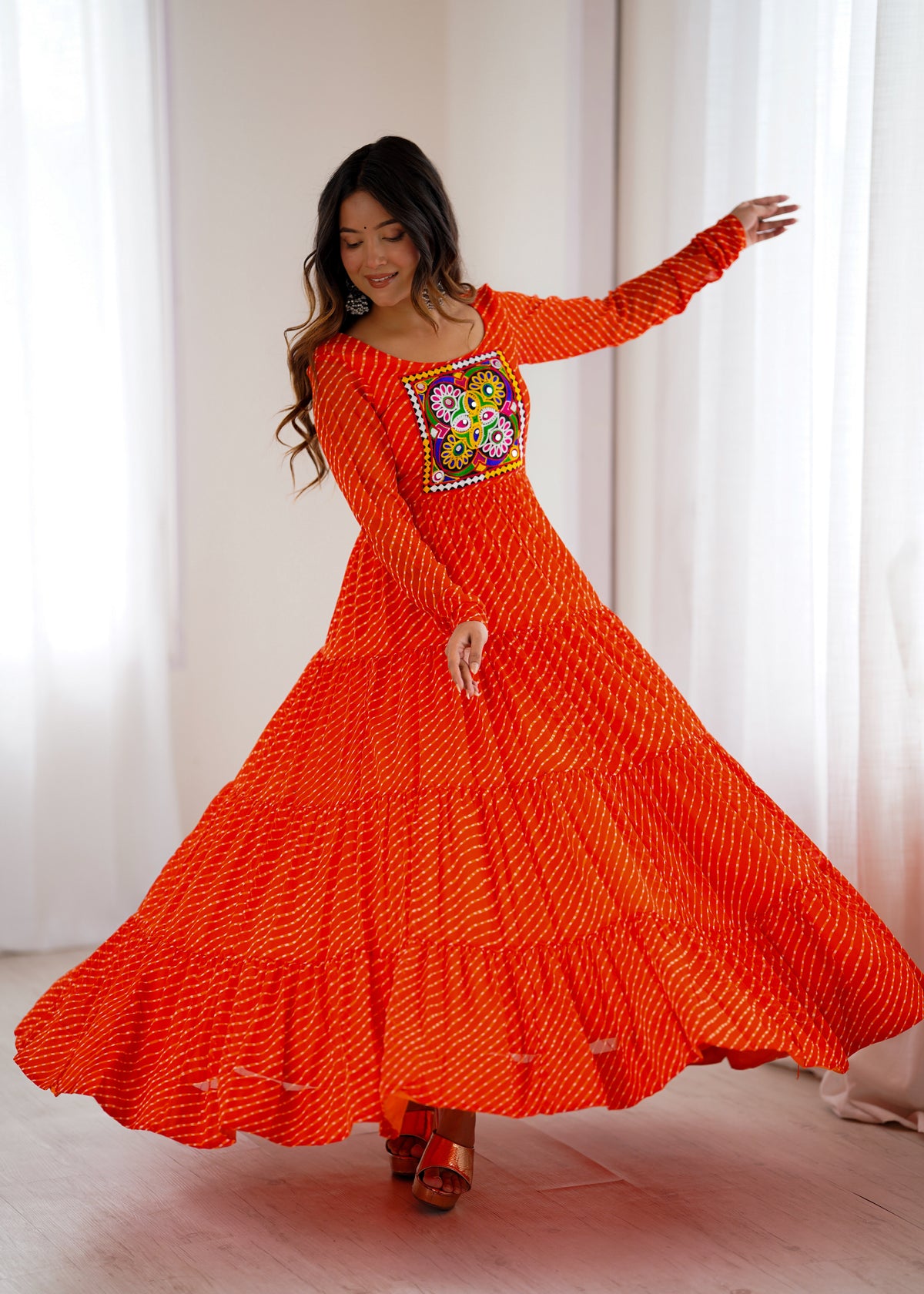 Orange Laheriya Print 7 Meter Flair Anarkali Gown