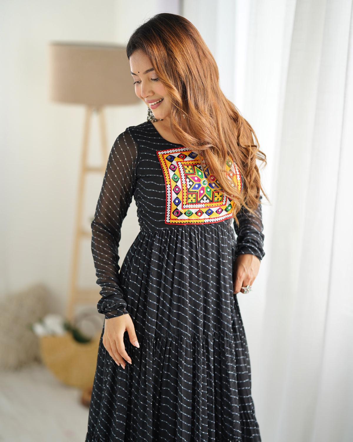 Black Laheriya 7 Meter Flair Anarkali Gown | Gamthi Work