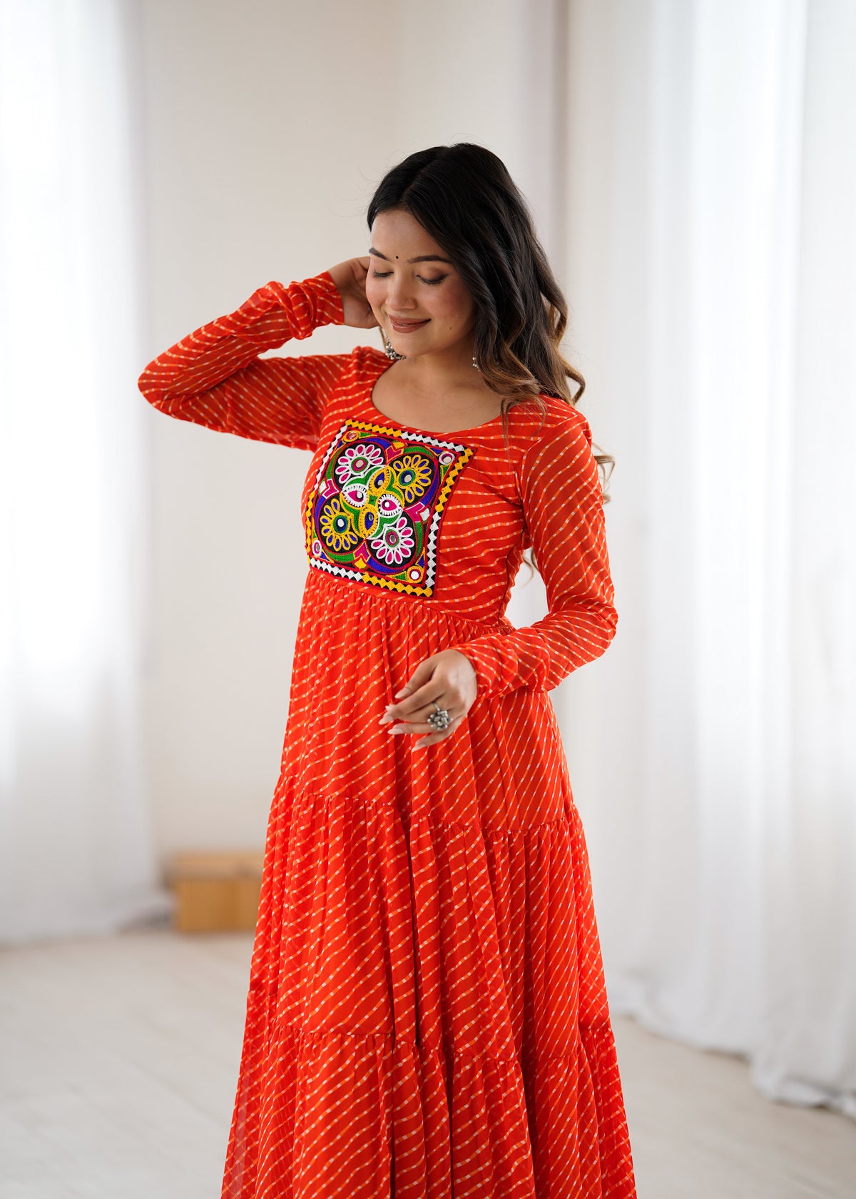 Orange Laheriya Print 7 Meter Flair Anarkali Gown