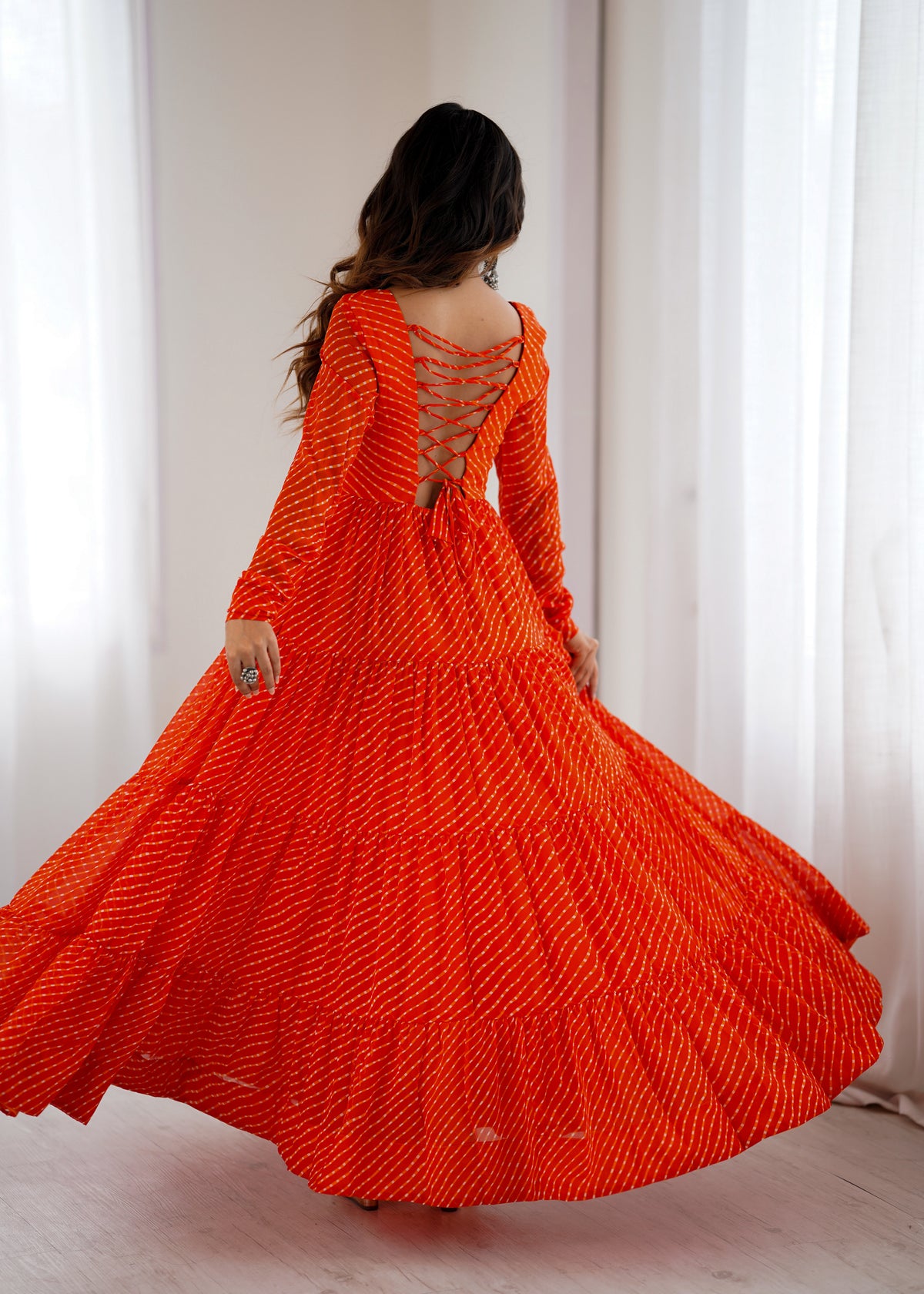 Orange Laheriya Print 7 Meter Flair Anarkali Gown