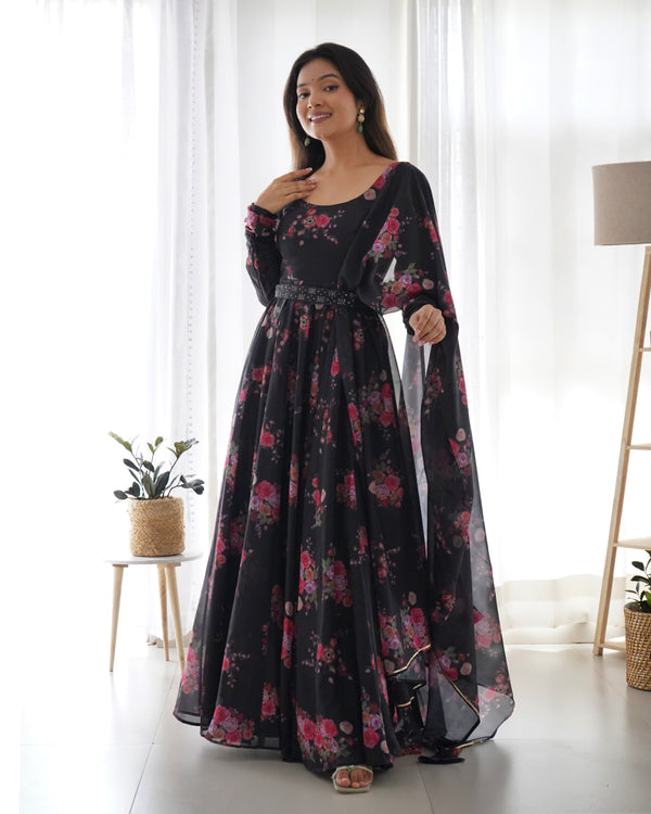 Valentine Black Floral Anarkali Gown | Ready to Wear | Lucknowi Belt