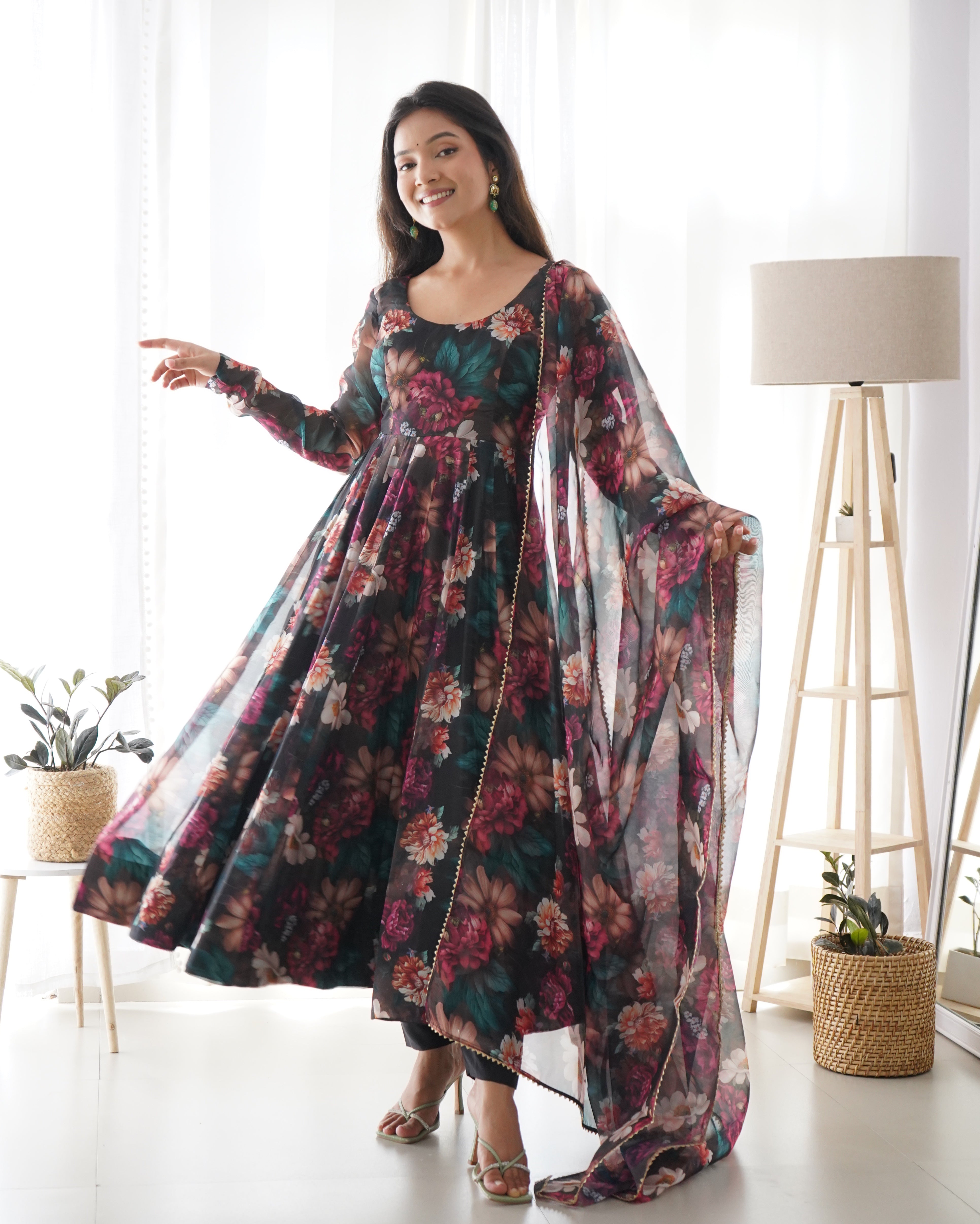 Floral Partywear Anarkali Gown with Duppatta and Bottom