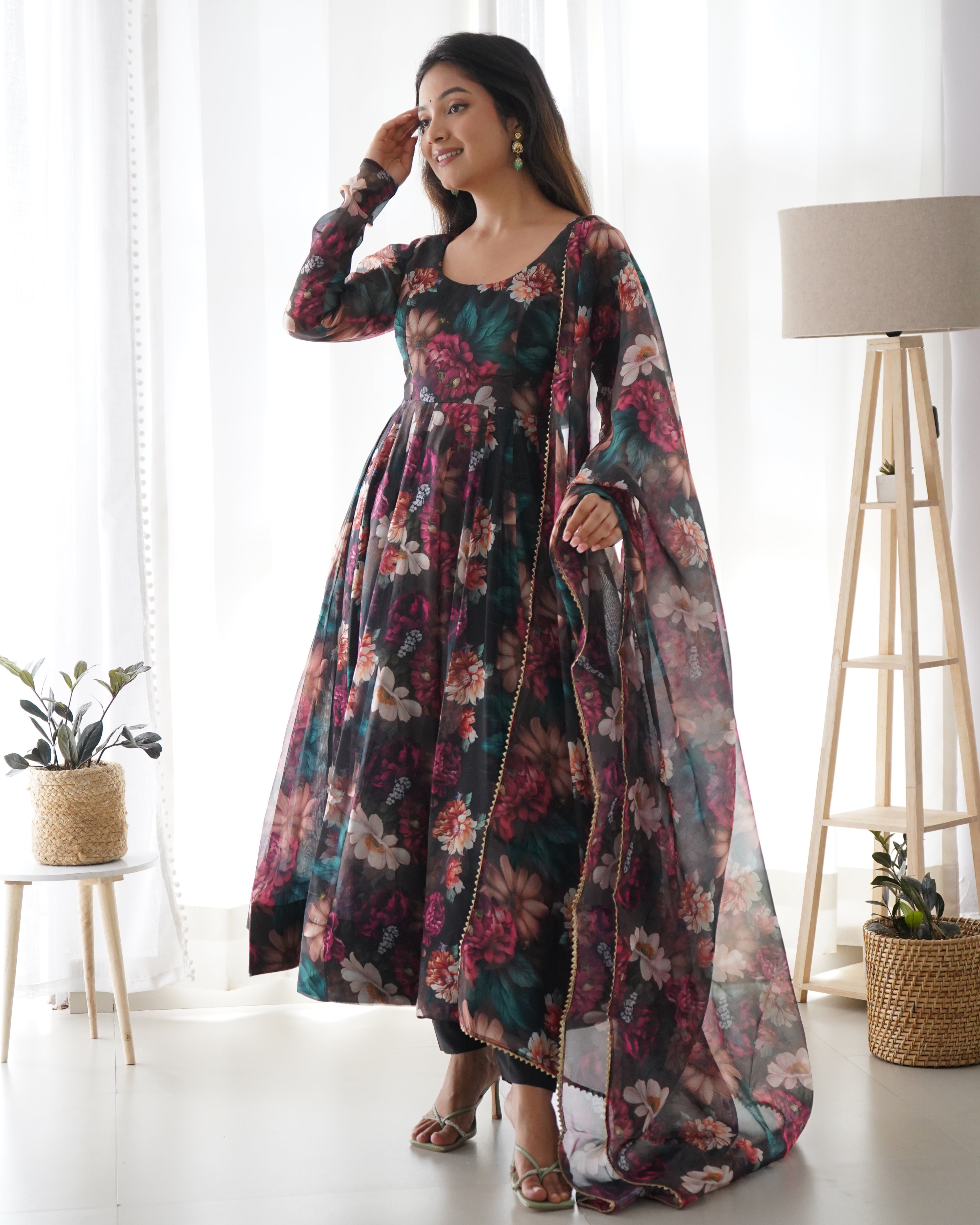 Floral Partywear Anarkali Gown with Duppatta and Bottom